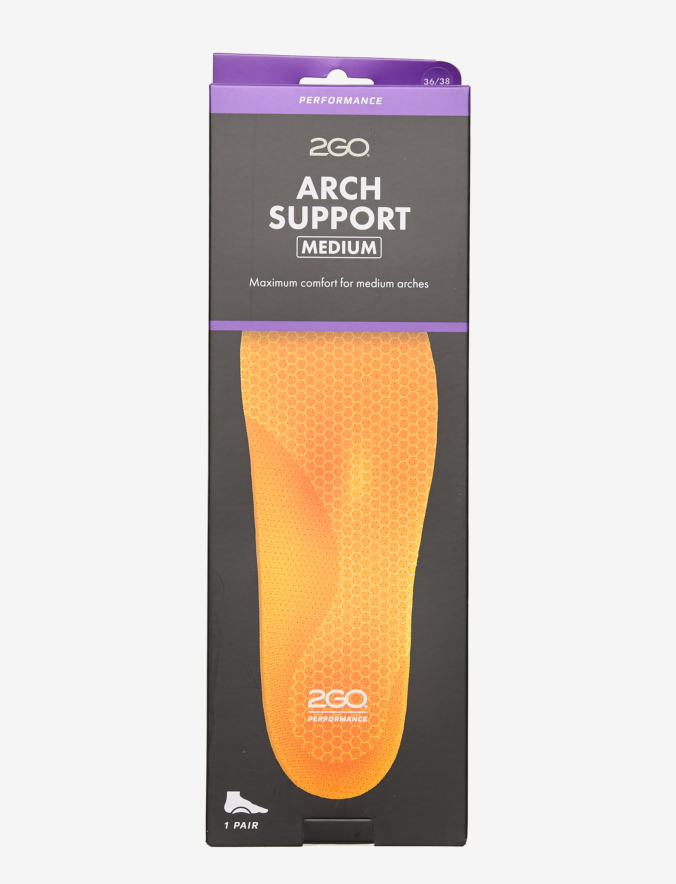 2GO Arch Support Medium, Mænd, Mellem Svangstøtte Indlægssåler, Orange, Str: 36-38