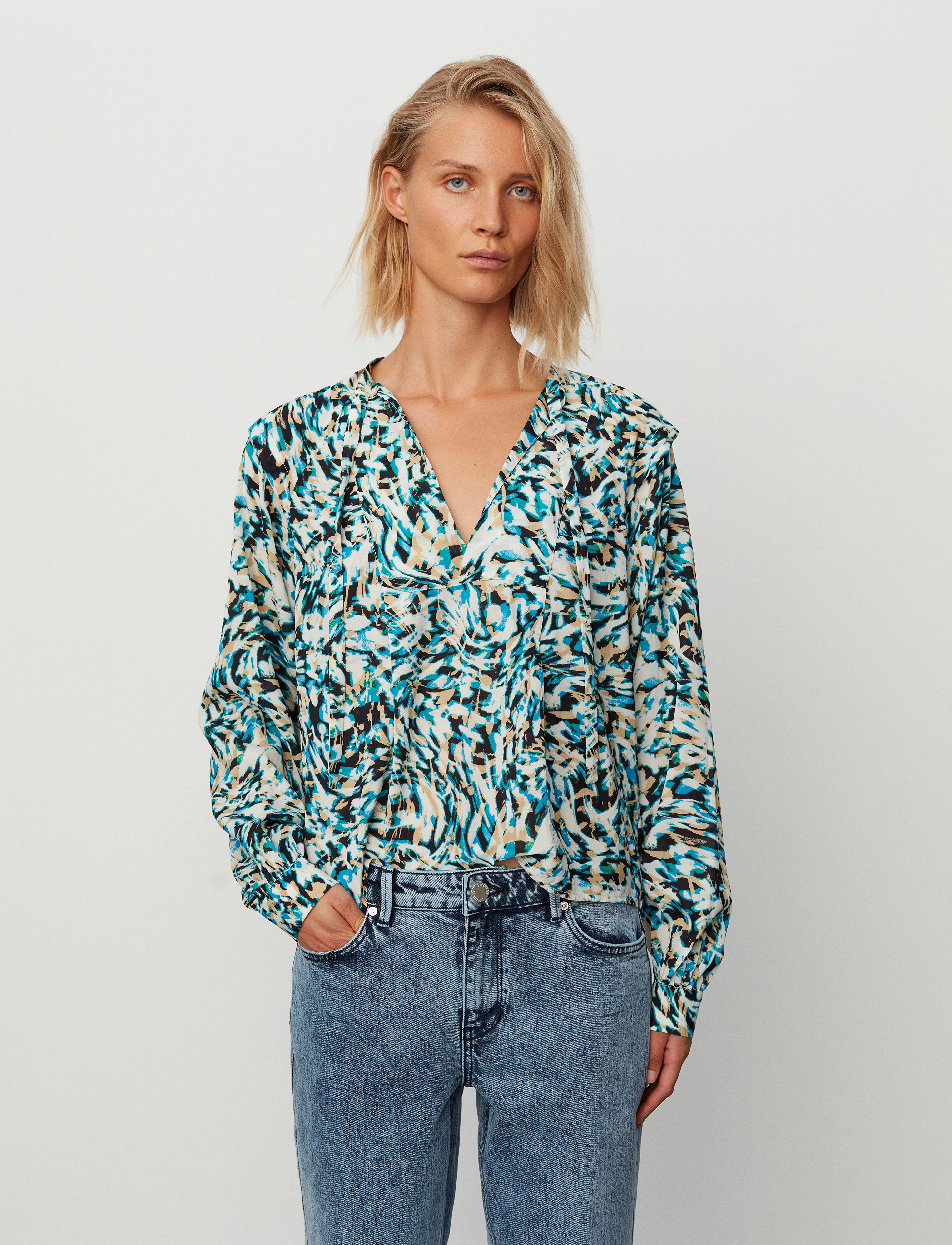 2NDDAY 2Nd Roux Cotton Bliss Print, Bindebåndsbluse, Blå, Str: 34