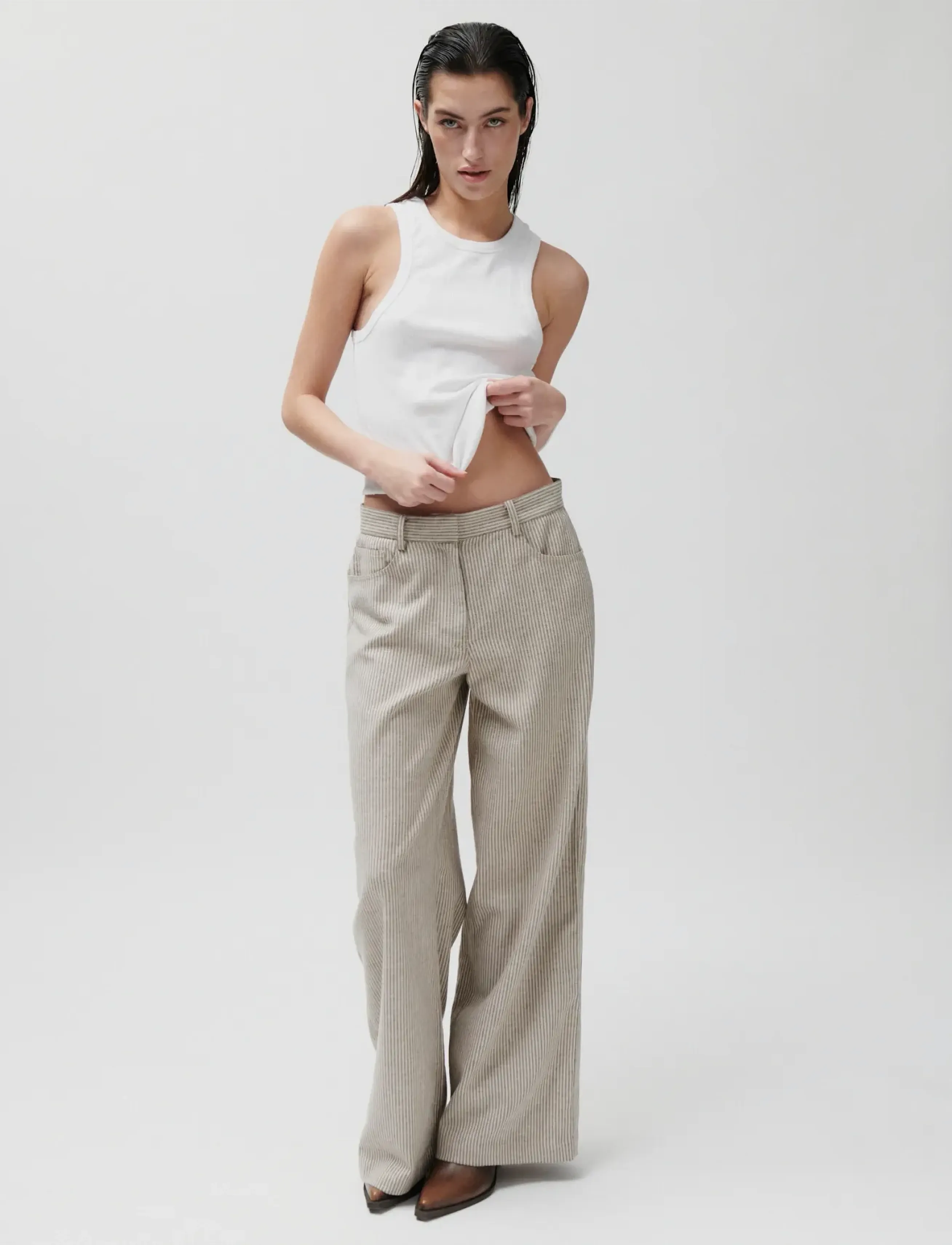 2NDDAY 2ND Benette - Striped Linen blend - Tailored trousers - MOONBEAM / beige