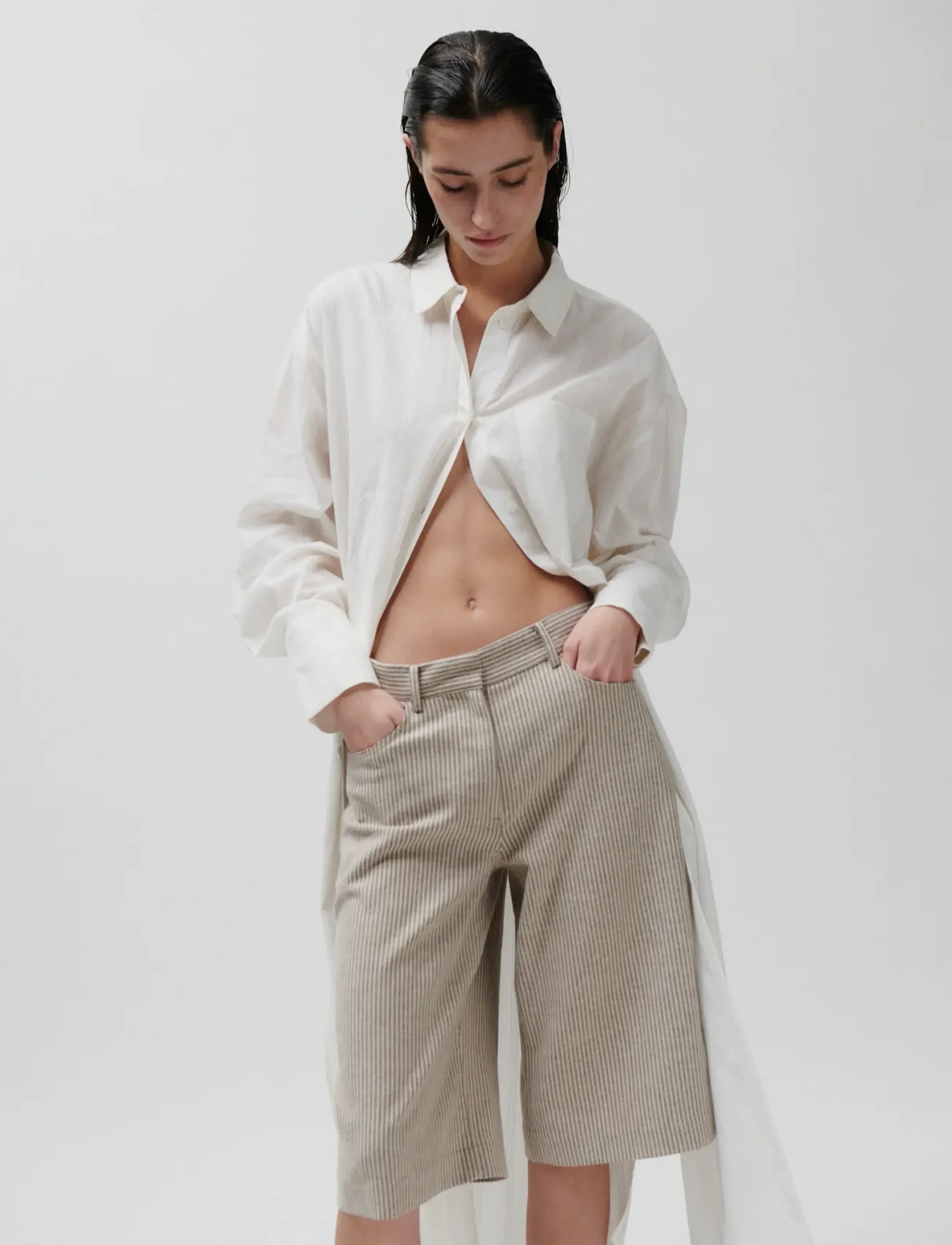 2NDDAY - 2ND Benita - Striped Linen Blend - bermudas - moonbeam - 4