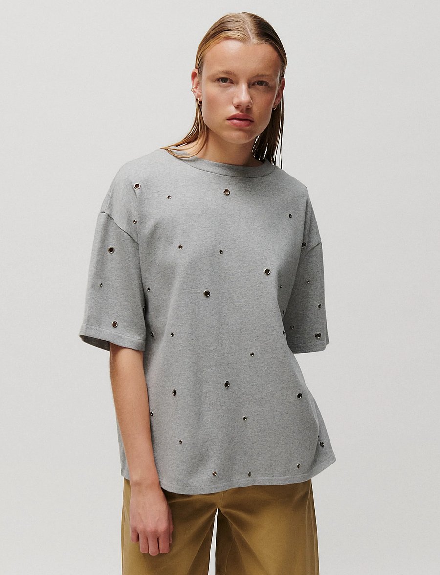 2NDDAY - 2NDAralo - Eyelet Jersey - t-shirts - medium grey melange - 0