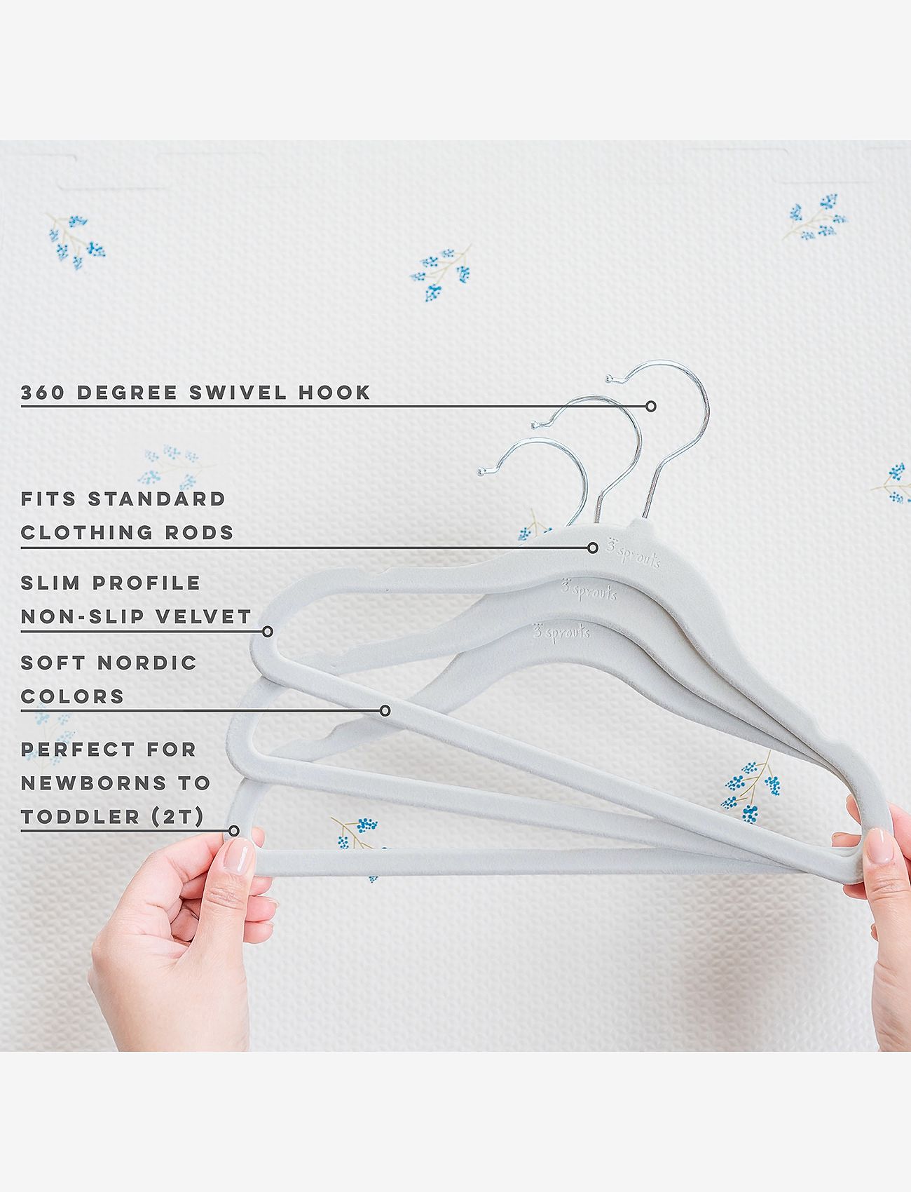 3 Sprouts - 3 Sprouts Velvet Hanger (Set of 15), Gray - konksud ja riputid - grey - 1