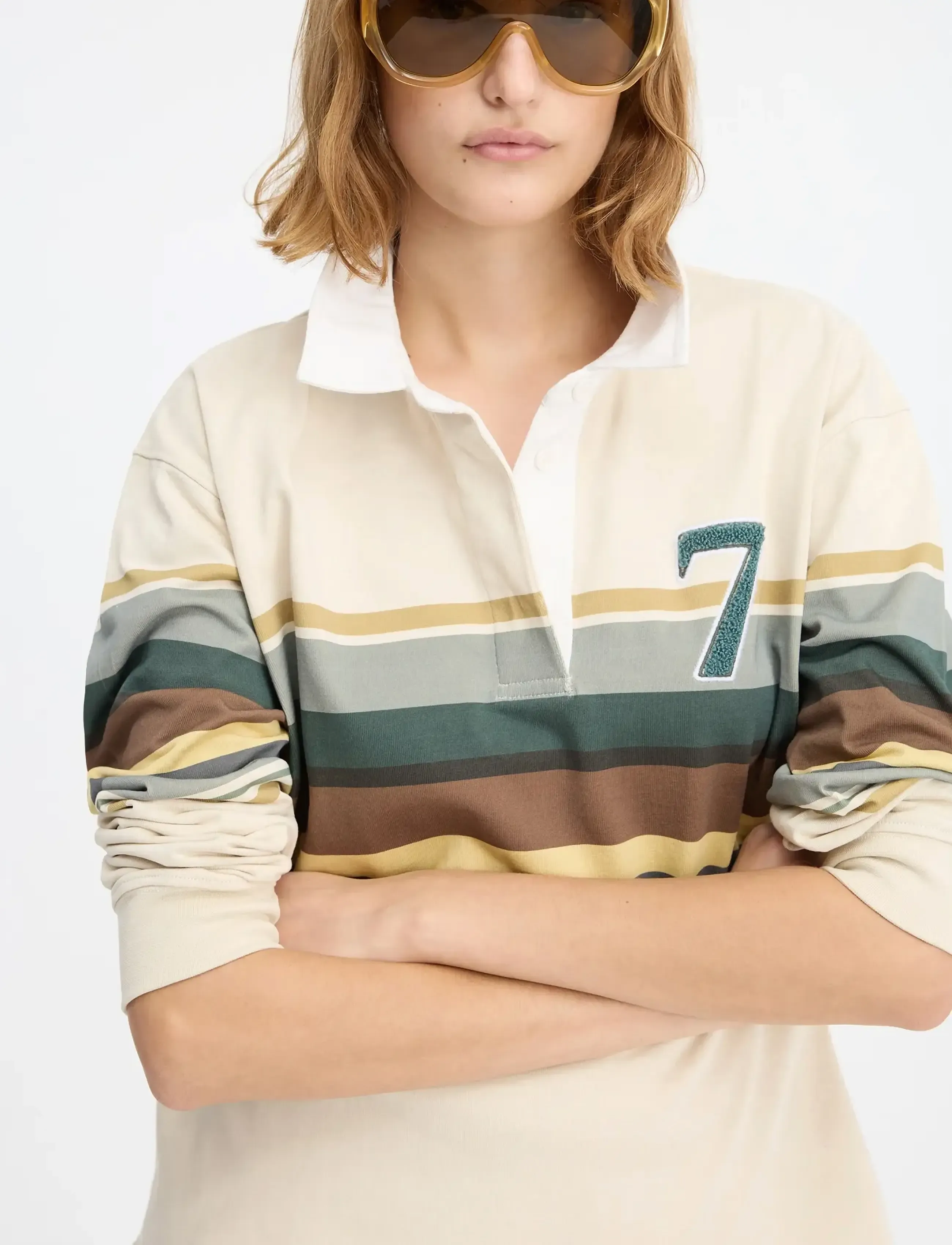7 DAYS Active Polo Stripes Long Sleeve, L, Beige, Sport Polos > Sport Long-sleeved Polos, Herre