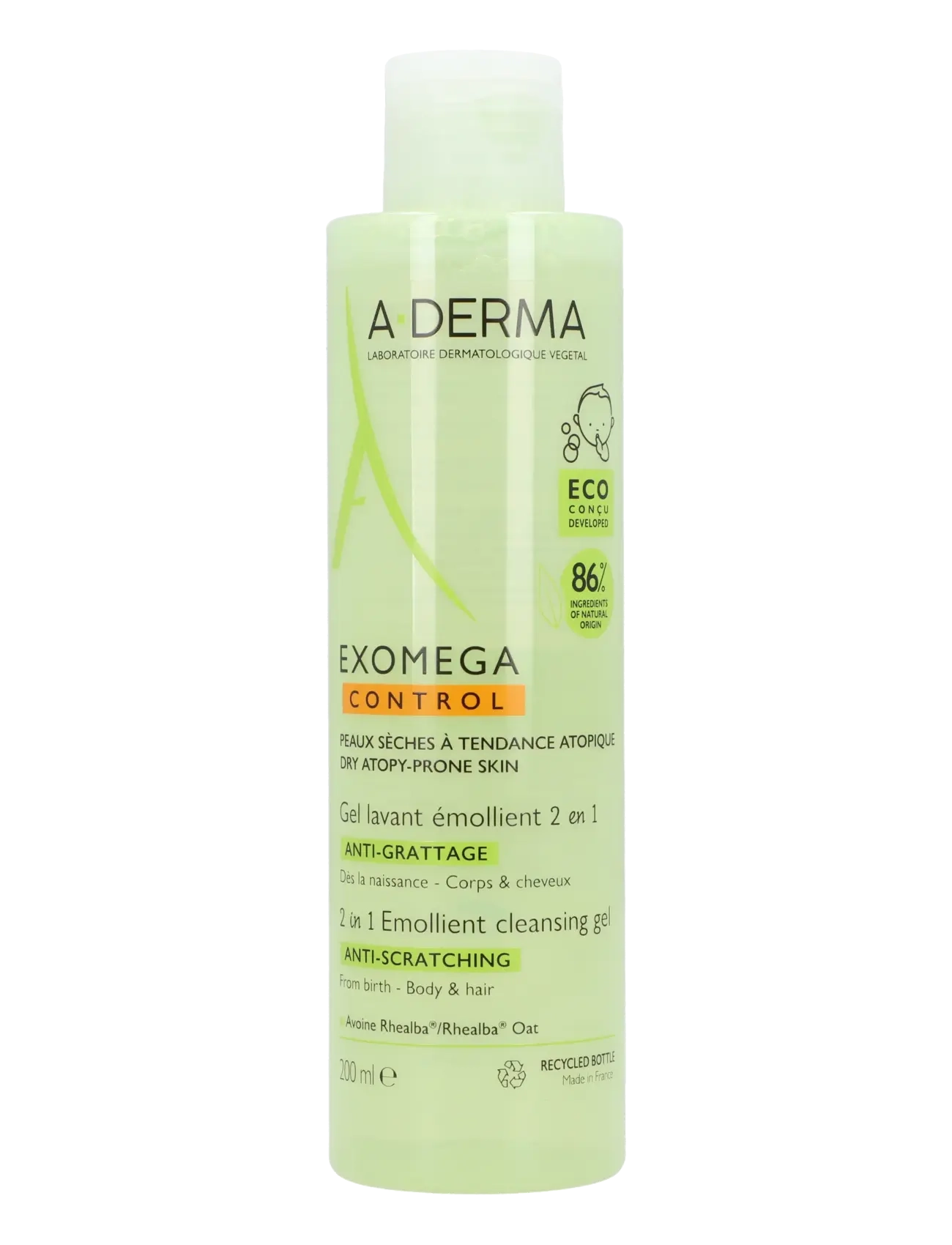 A-Derma Exomega Control 2 In 1 Emollient Cleansing Gel Anti-Scratching, Ansigtsvask & Rensemiddel, Nude, Str: 200 ML