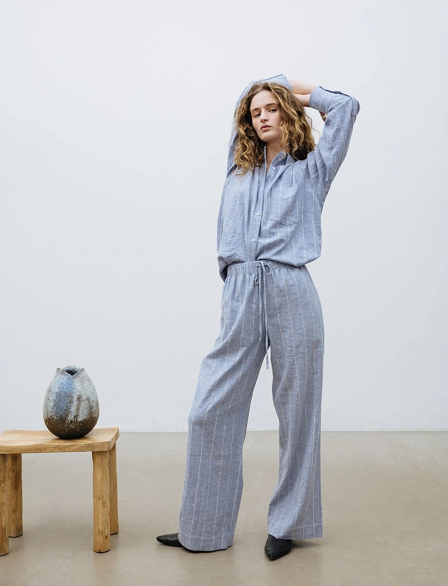 A Part Of The Art - VACANT PANTS - leinenhosen - denim blue white stripe - 0