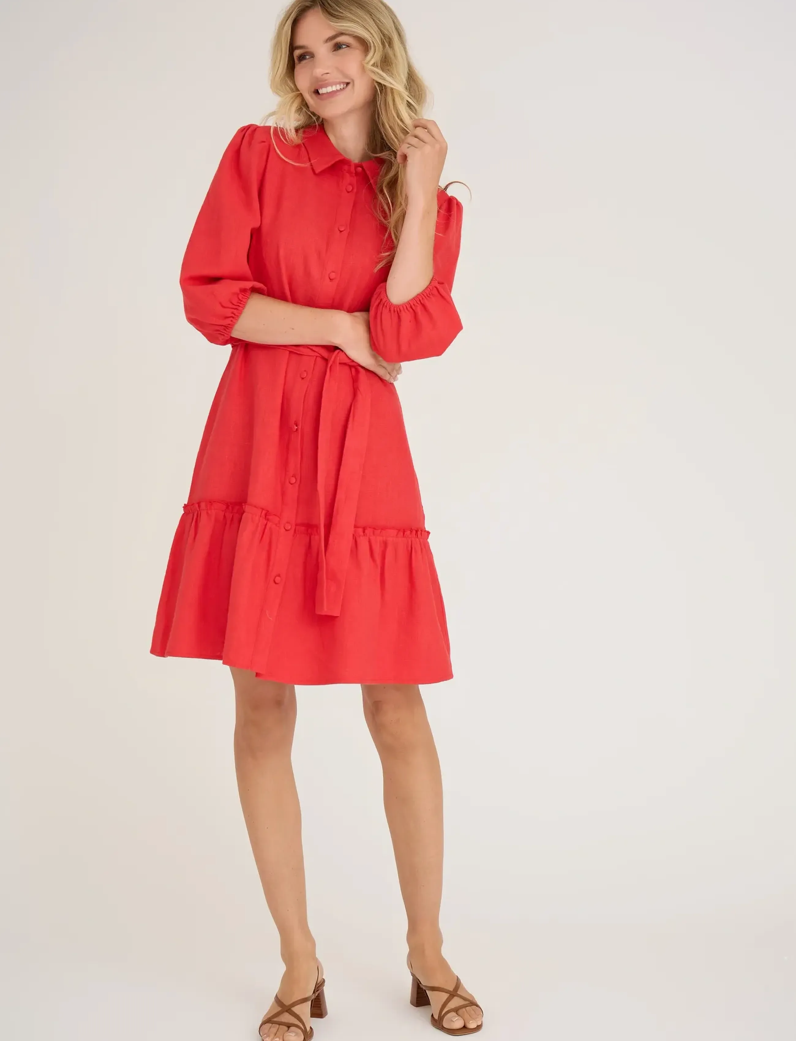A-View Linen Dress, Kvinder, Skjortekjole Med Flæser, Rød, Str: 40