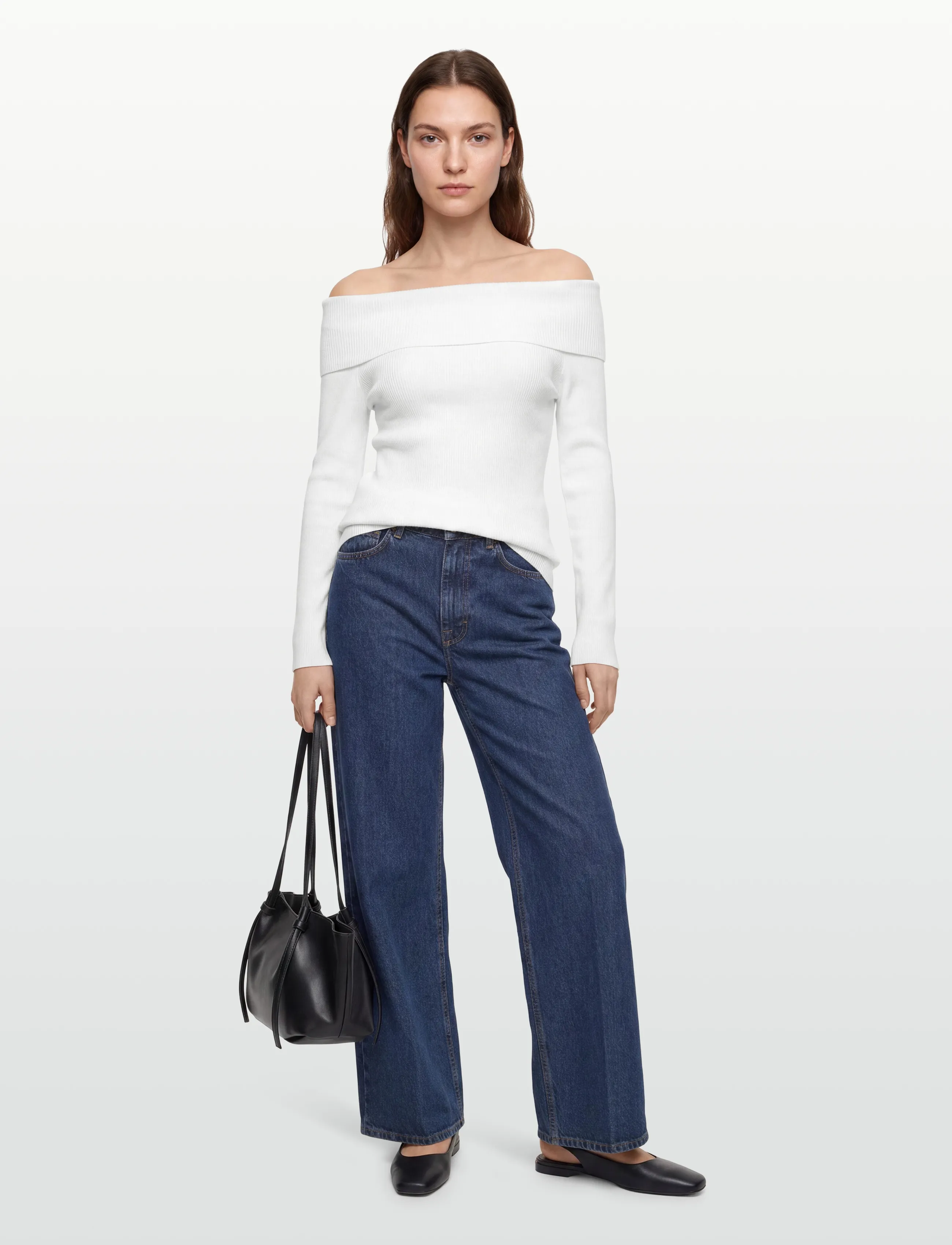 A-View Rib Offshoulder Blouse, M, White, Bluser > Langærmede, Dame