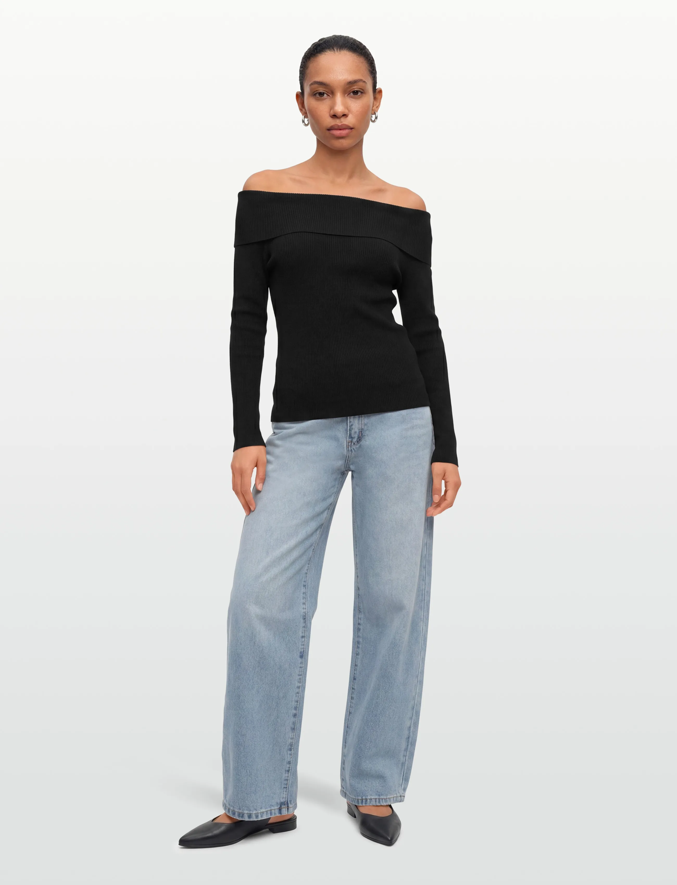 A-View Rib Offshoulder Blouse, Kvinder, Ribstrikket Off-Shoulder Bluse, Sort, Str: XL