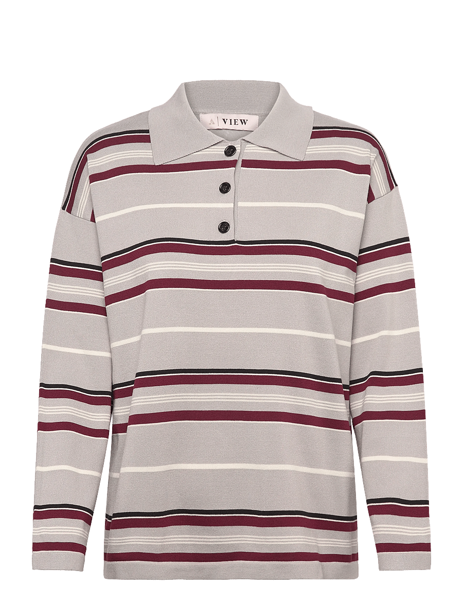 A-View - Polo long sleeve stripe knit blouse - pikéer - 284 grey/off white - 0