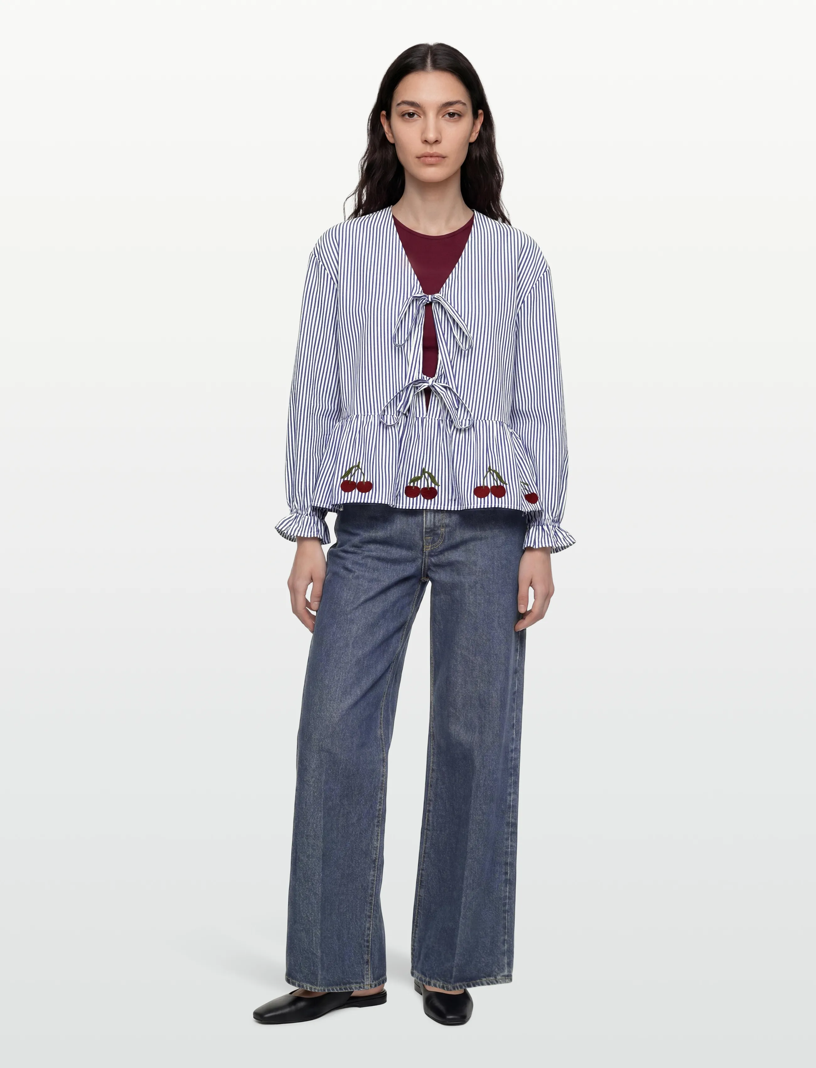 A-View Alize Blouse, Kvinder, Stribet Bindebluse, Blå, Str: 44