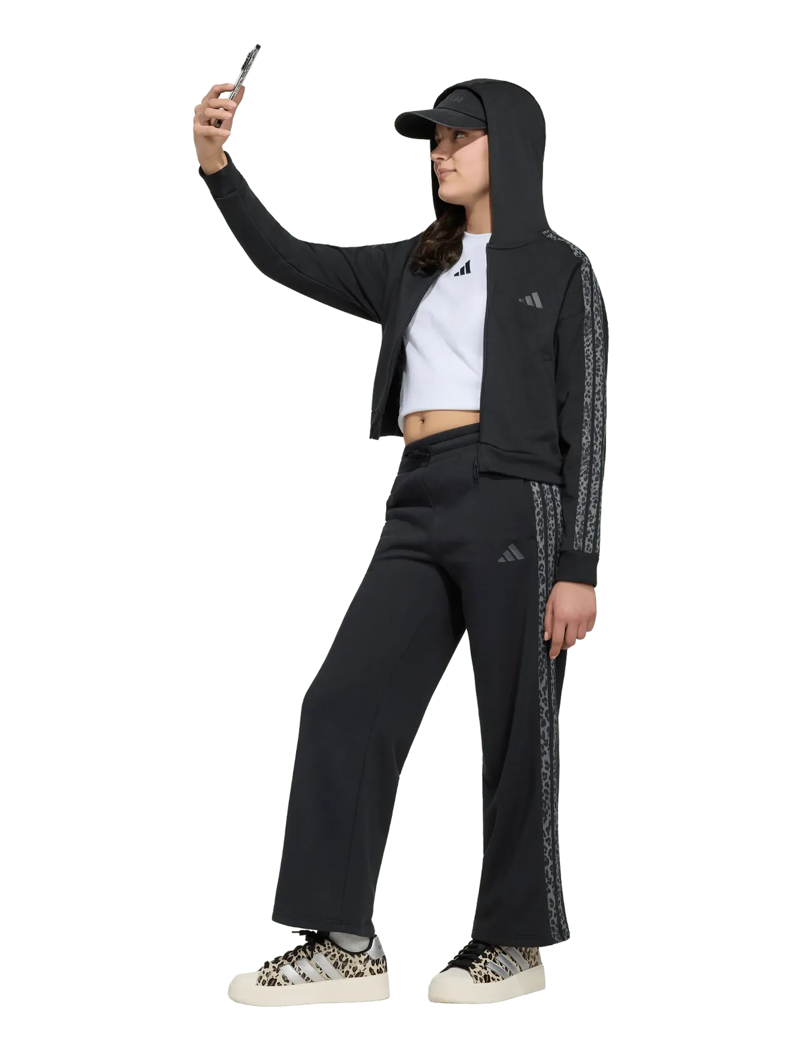 adidas Sportswear Jg An 3S Ft Fz, Børn, Kort Leopard Print Hætte Træningsjakke, Sort, Str: 170
