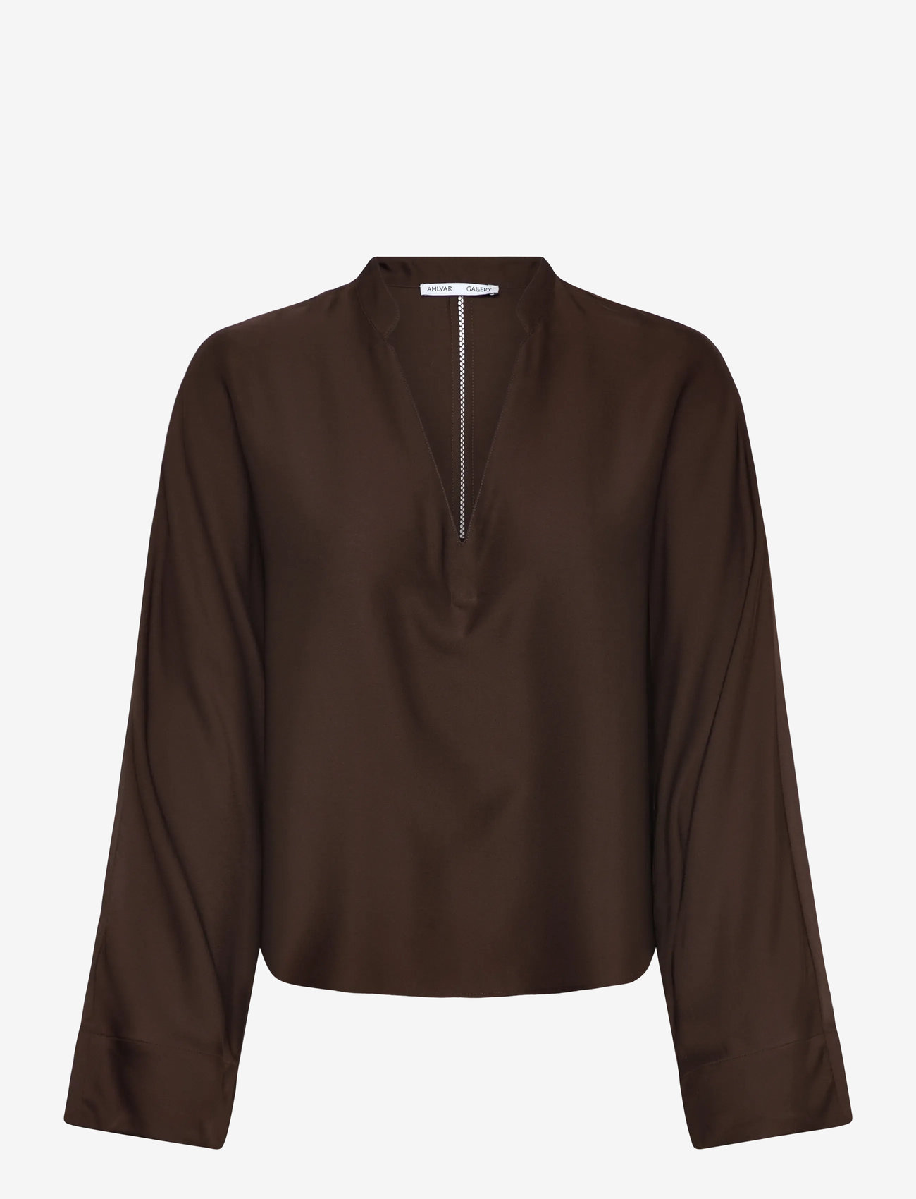 Ahlvar Gallery Nina v-neck silk blouse - Bluzki z długimi rękawami - DARK BROWN / brown