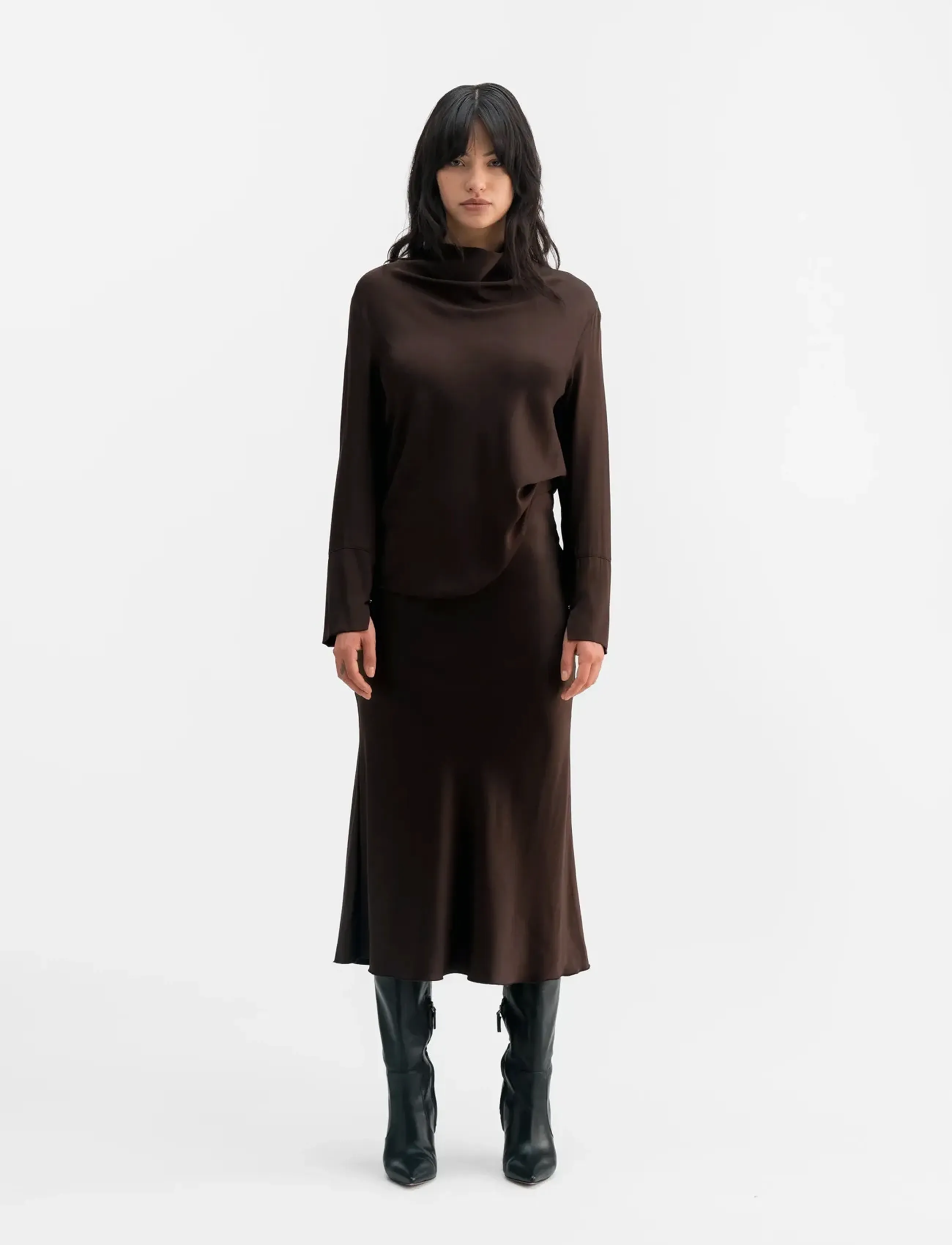 Ahlvar Gallery Hana satin skirt - Midi skirts - DARK BROWN / brown