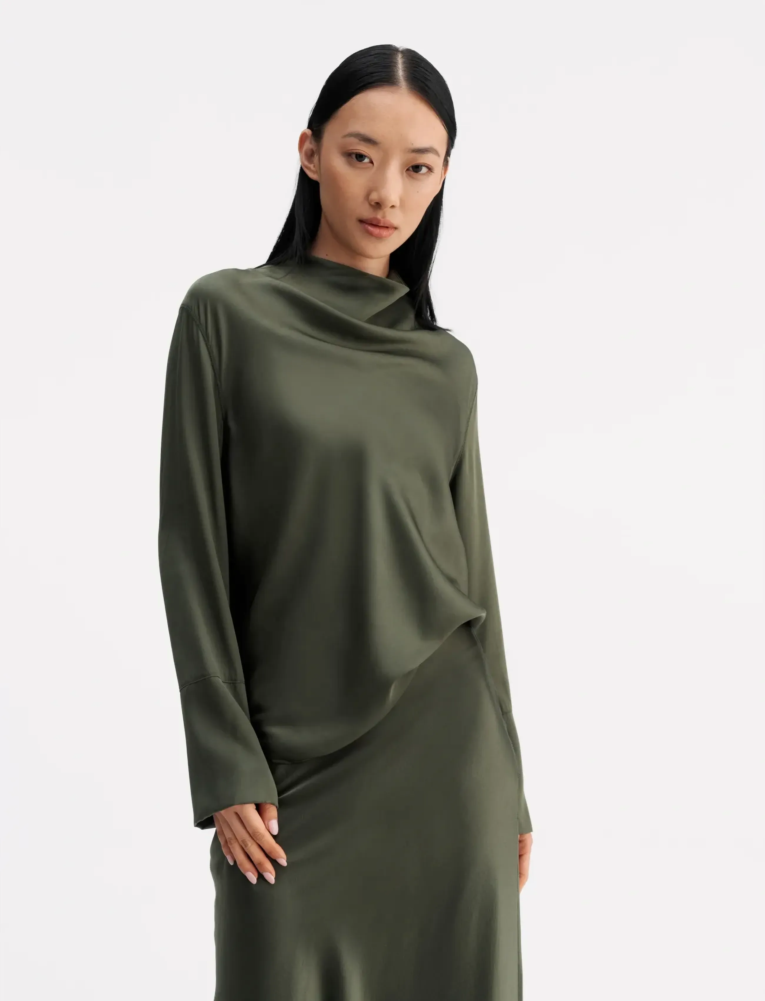 Ahlvar Gallery Ayumi Silk Blouse, S, Blouses, Khakigrün - Long-sleeved, Frauen
