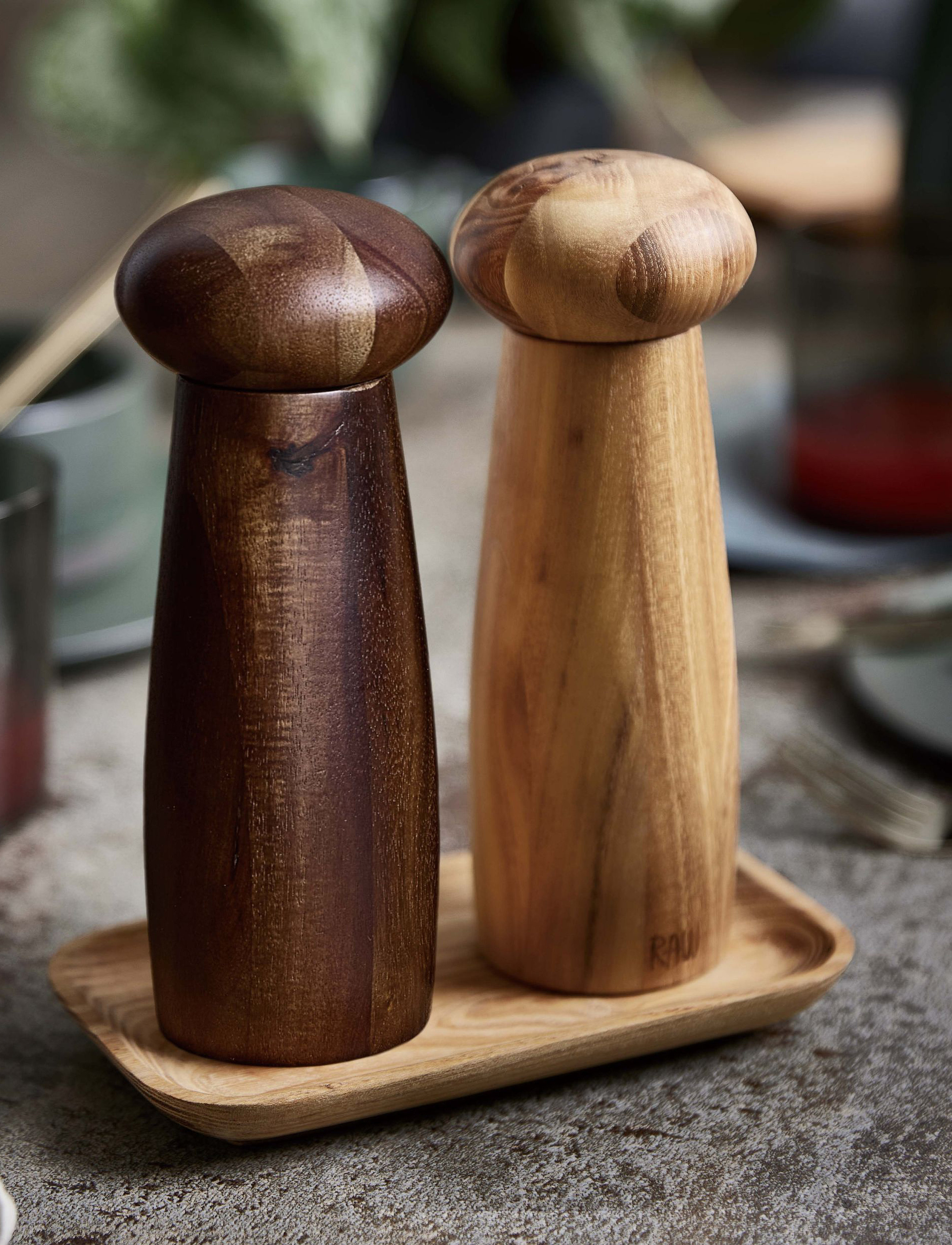 Aida Raw Teak Keramisk Kværnesæt Med Bakke Mixed Teak, One Size, Grinders - Salt & Pepper Shakers, Homeware