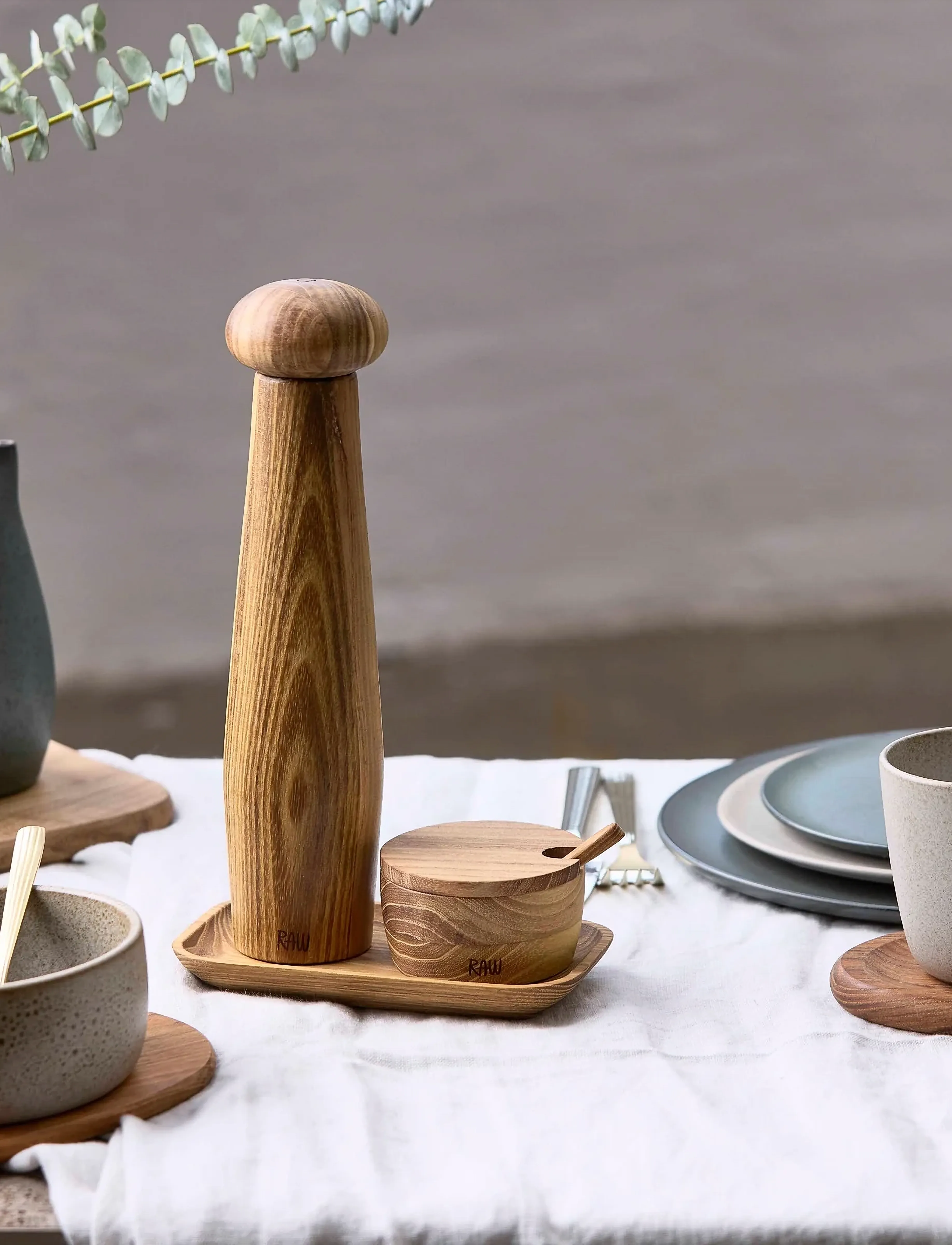Aida Raw Teak Ceramic Pepper Mill Set With Tray And Salt Jar, One Size, Grinders, Beige - & Shakers, Homeware