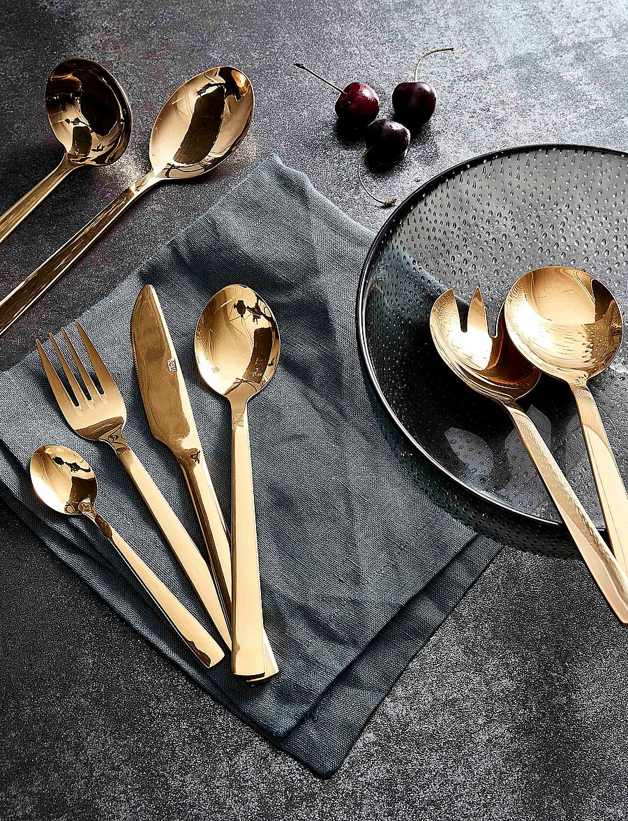 Aida - RAW - bestik 16 dele sæt guld farvet belægning 4 x (kniv, ske, gaffel, kaffeske) gaveæske - nach preis einkaufen - gold - 0