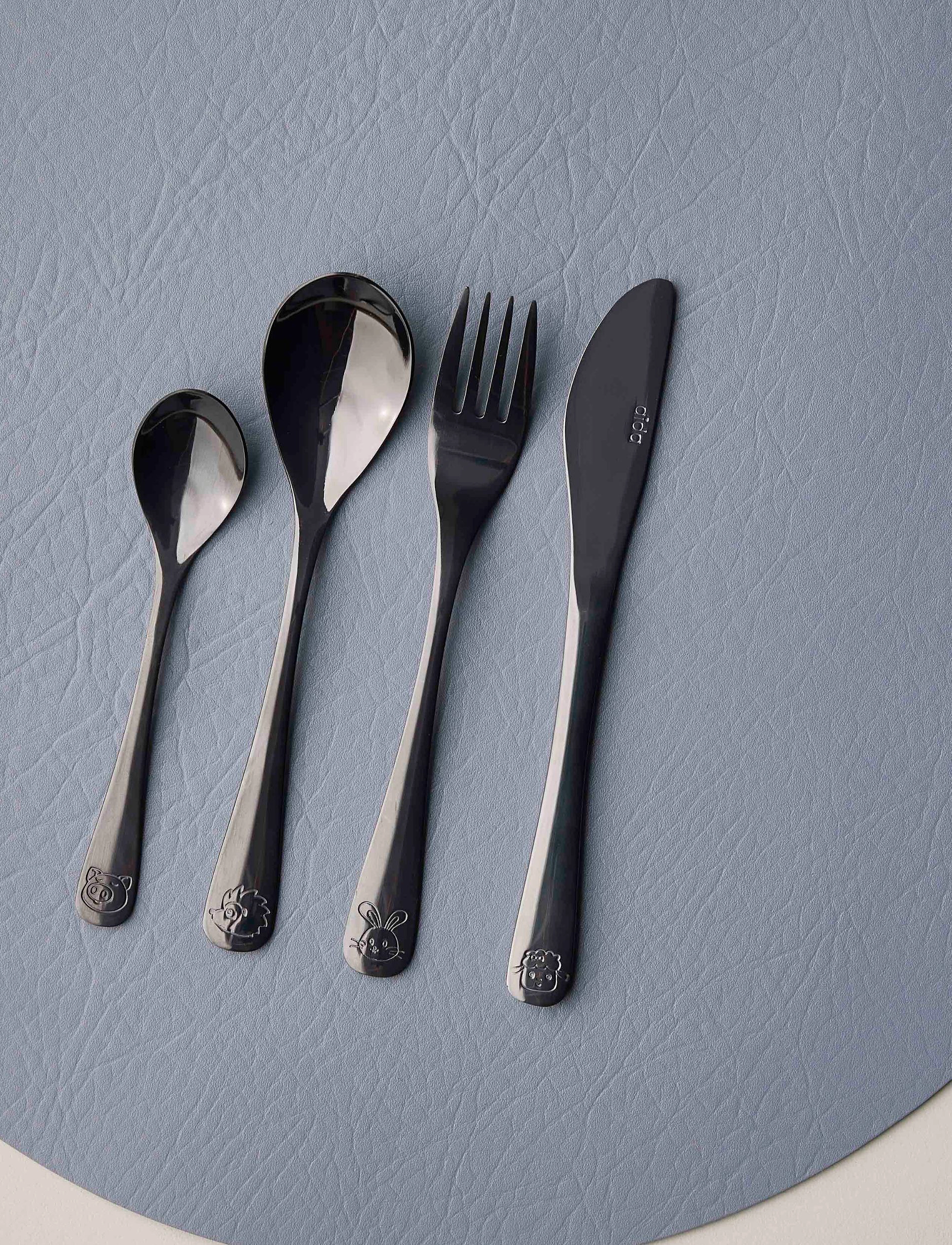 Aida Atelier Mini Børnebestik 4 Dele Sæt Sort, One Size, Cutlery, Silber - Cutlery Set, Kinder