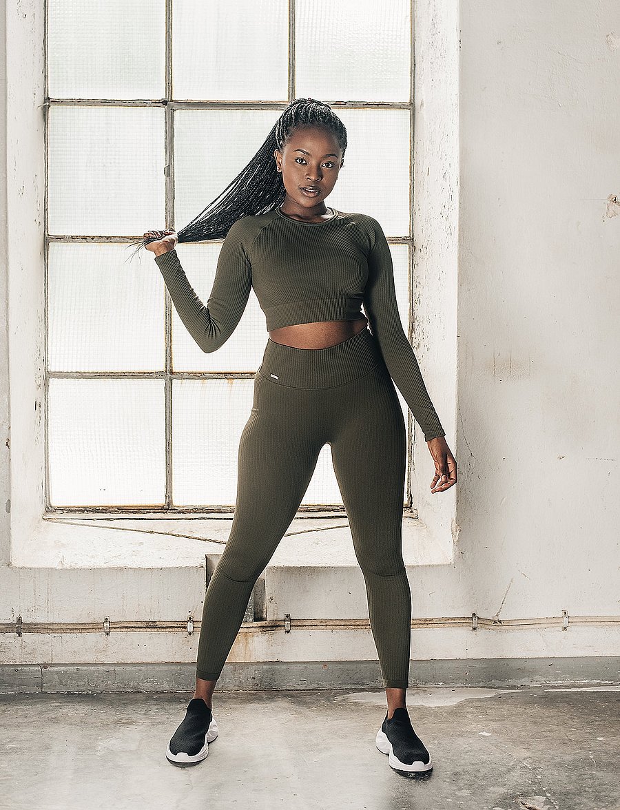 aim´n - Khaki Ribbed Seamless Tights - fuld længde - khaki - 0