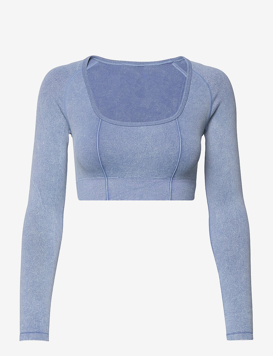 aim´n - Washed Denim Seamless Cropped Long Sleeve - crop-tops - washed denim - 1