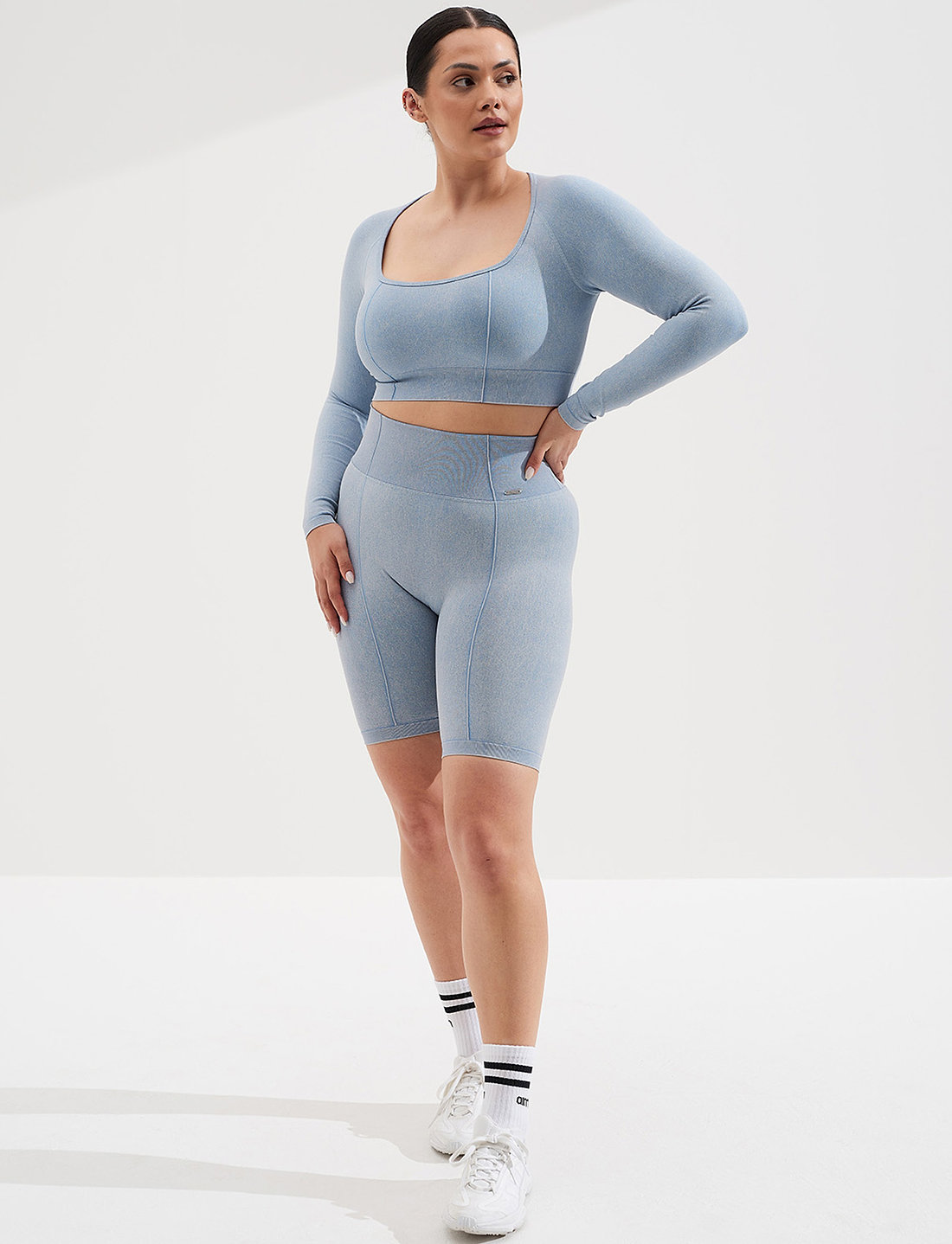 aim n Washed Light Denim Biker Shorts training tights shop at Booztlet