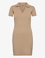 Ribbed Seamless Polo Dress - SOLID BEIGE