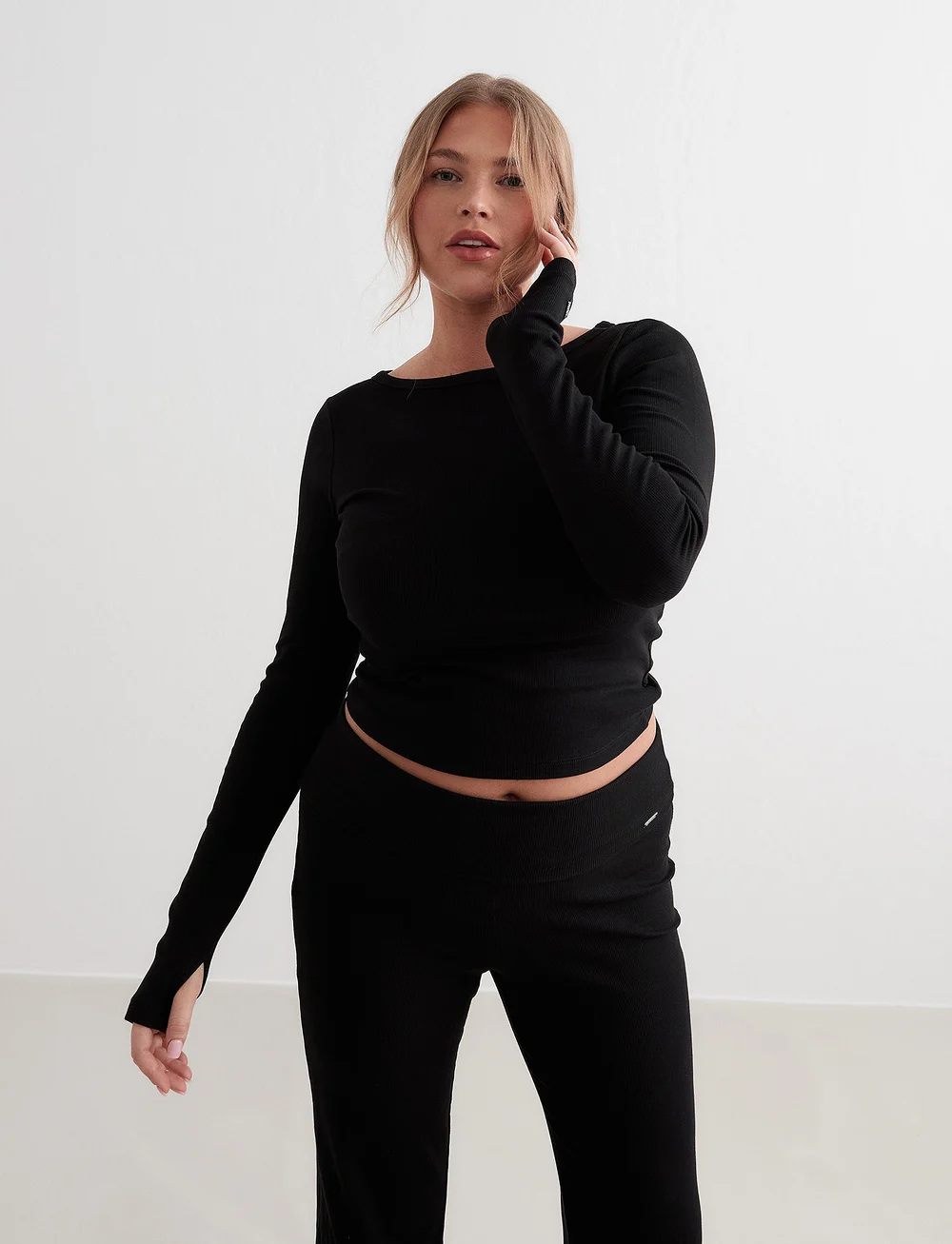 aim´n - Ease Ribbed Long Sleeve Top - alussärgid ja t-särgid - black - 0