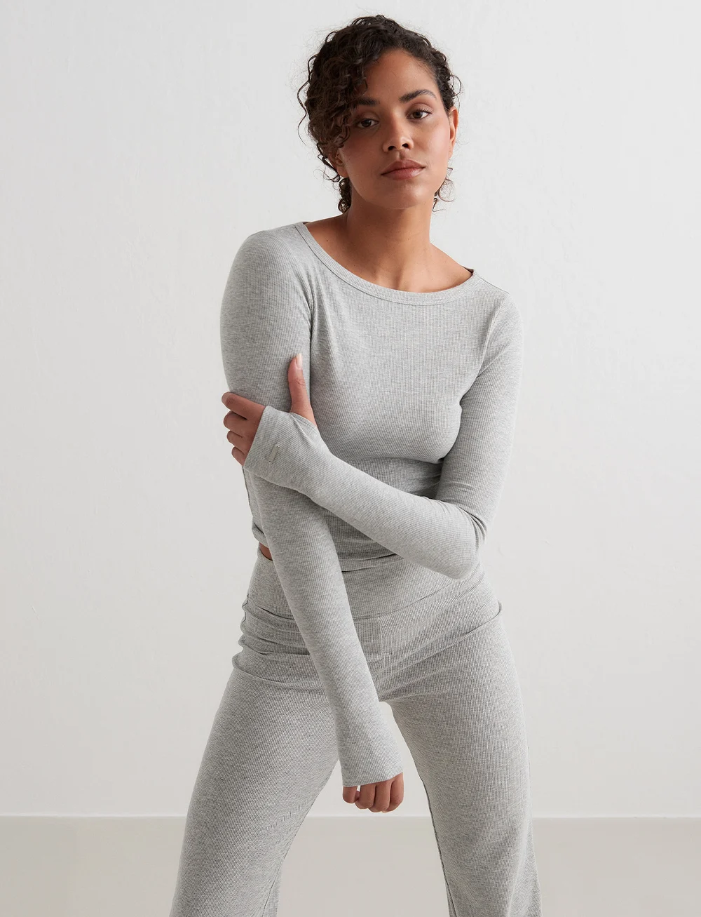 aim´n - Ease Ribbed Long Sleeve Top - longsleeved tops - grey melange - 3