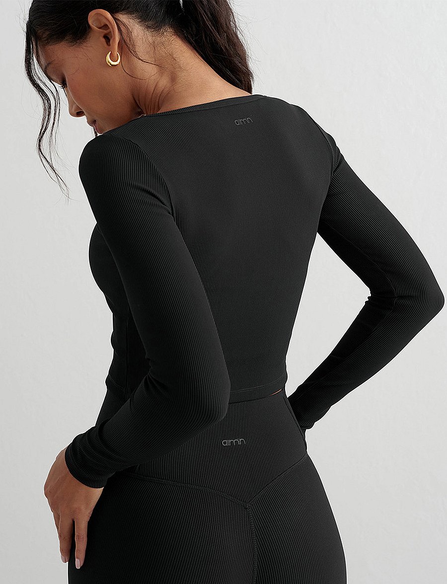 aim´n - Ribbed Performance Zipped Cardigan - crop-tops - black - 4