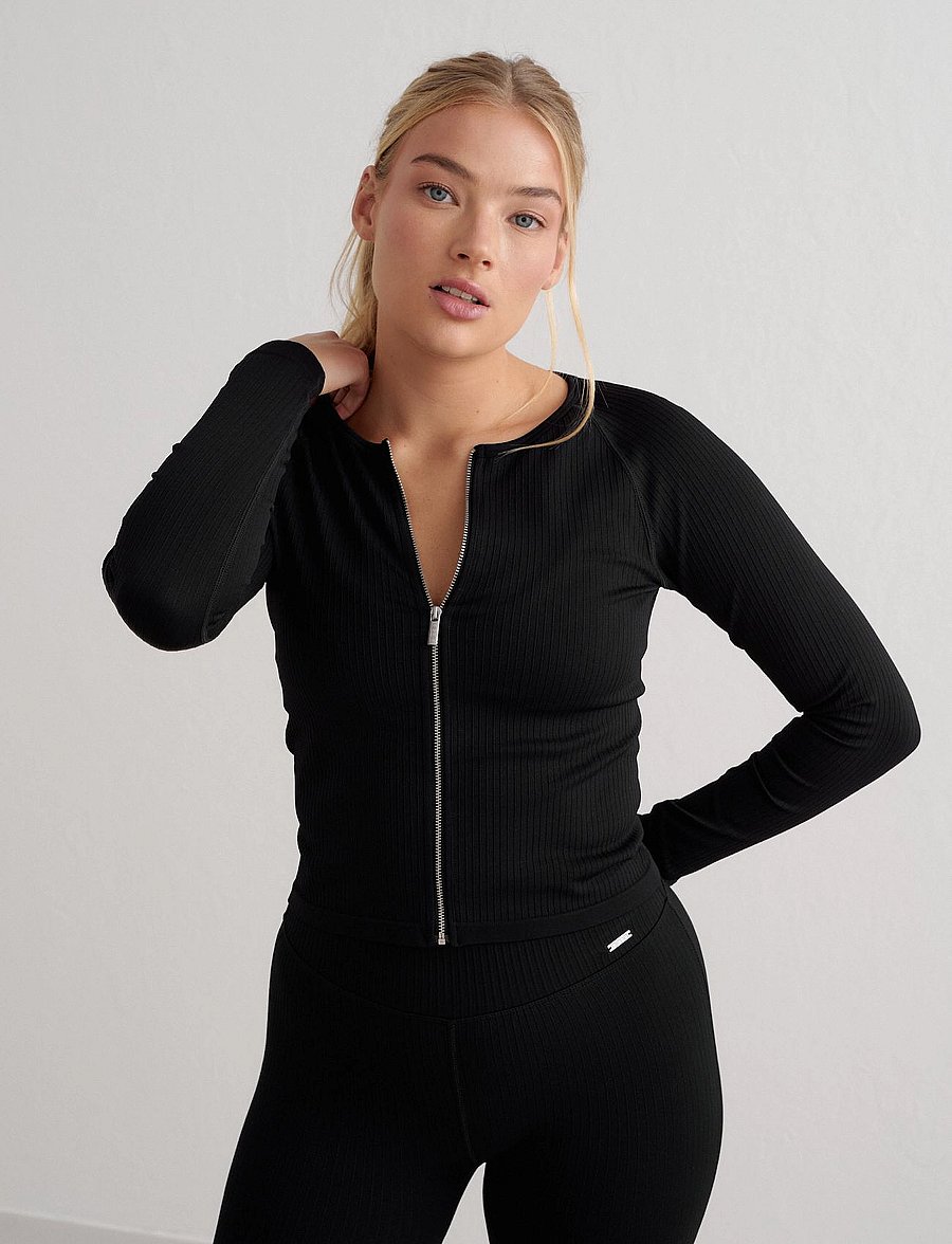 aim´n - Ribbed Seamless Zip Jacket - oberteile - black - 0
