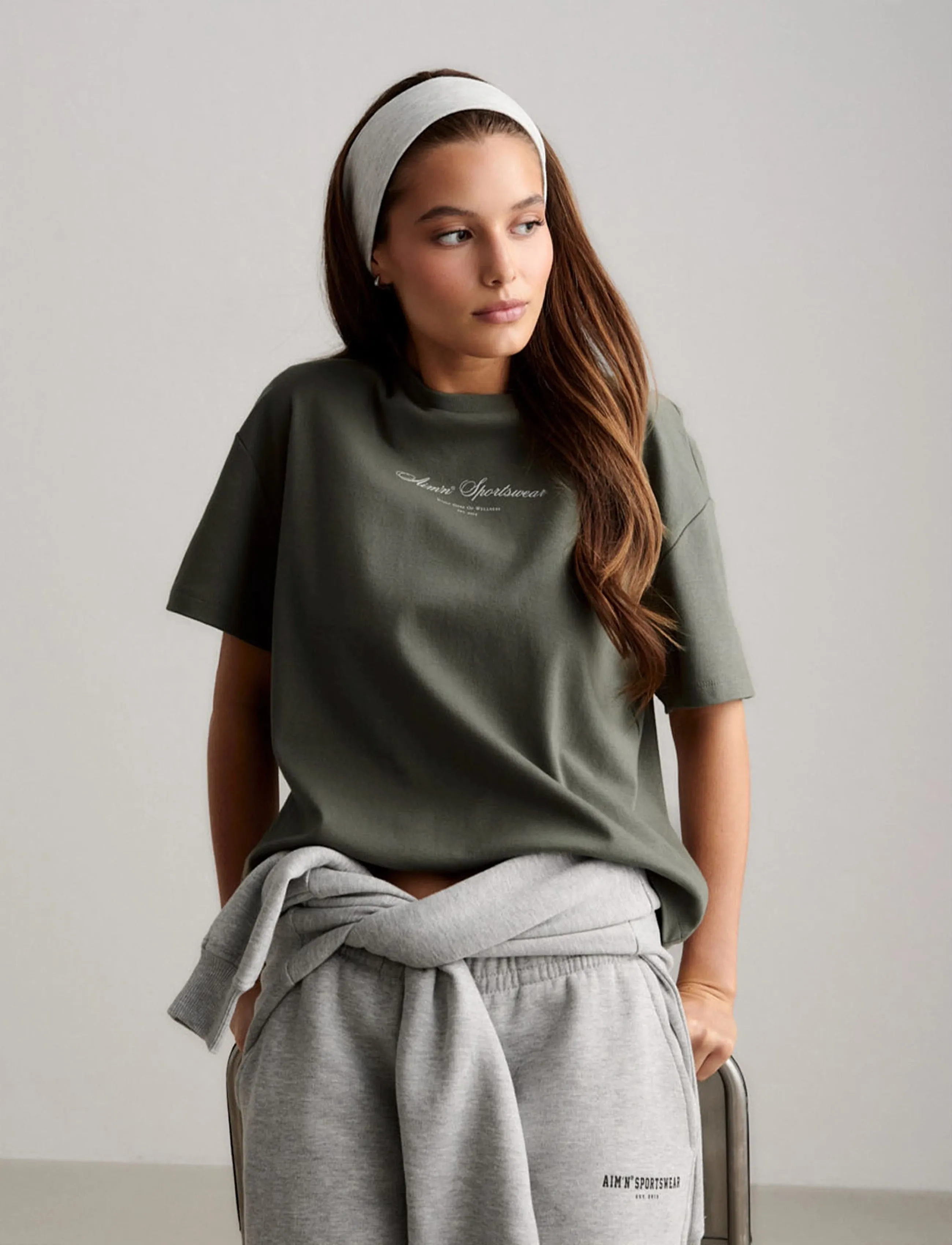 aim ́n Script Boxy T-Shirt, XS, Khaki green, Sports Overdele & T-shirts > Sport T-shirts, Dame