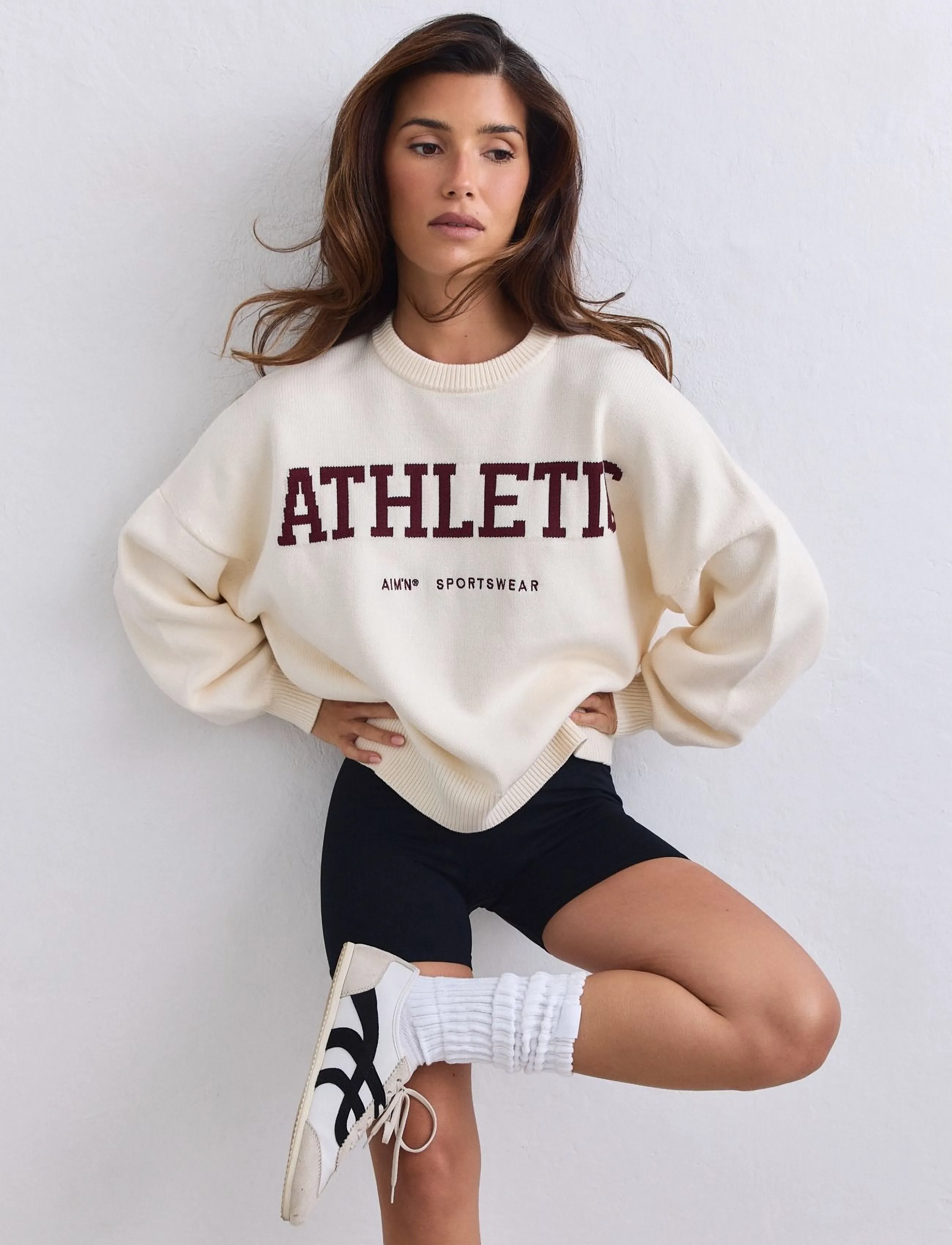 aim´n - Athletic Knit Sweatshirt - sweatshirts - cream - 4