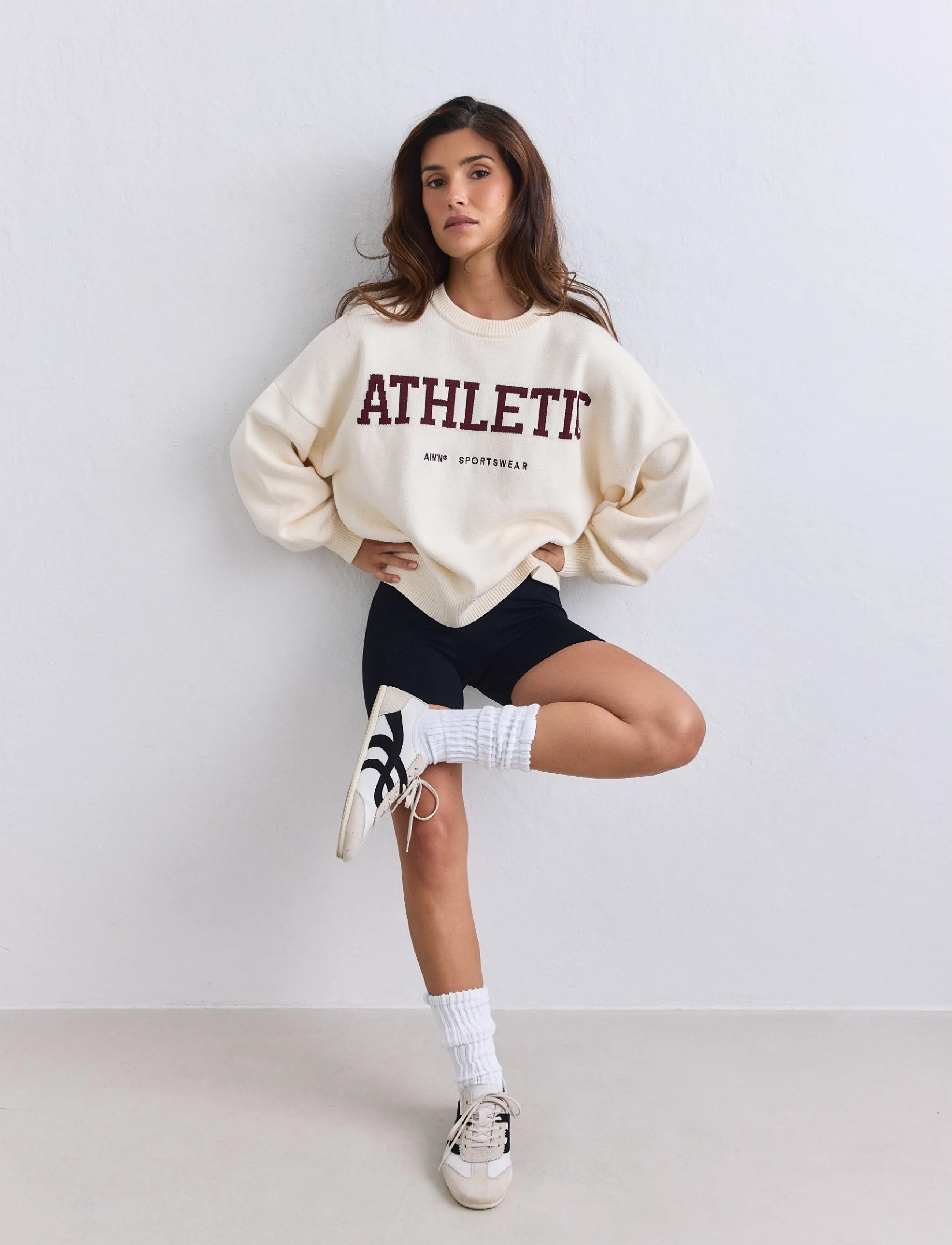 aim´n - Athletic Knit Sweatshirt - sweatshirts - cream - 5