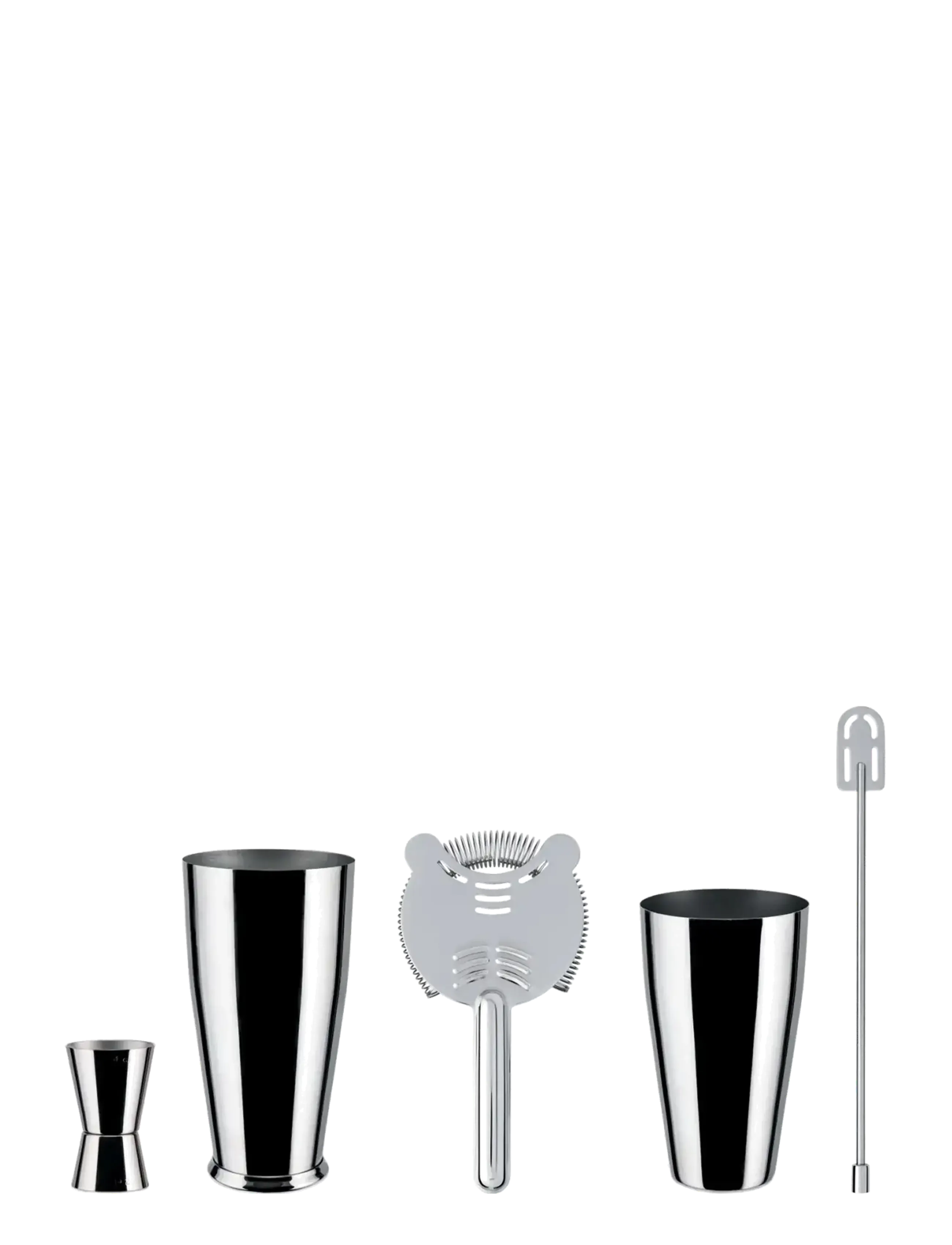 Alessi Set Of Shaker, Bar Strainer, Stirrer And Cocktail Measure In 18/10 Stainless Steel, Shaker og cocktailbestik, Sølv, Str: ONE SIZE