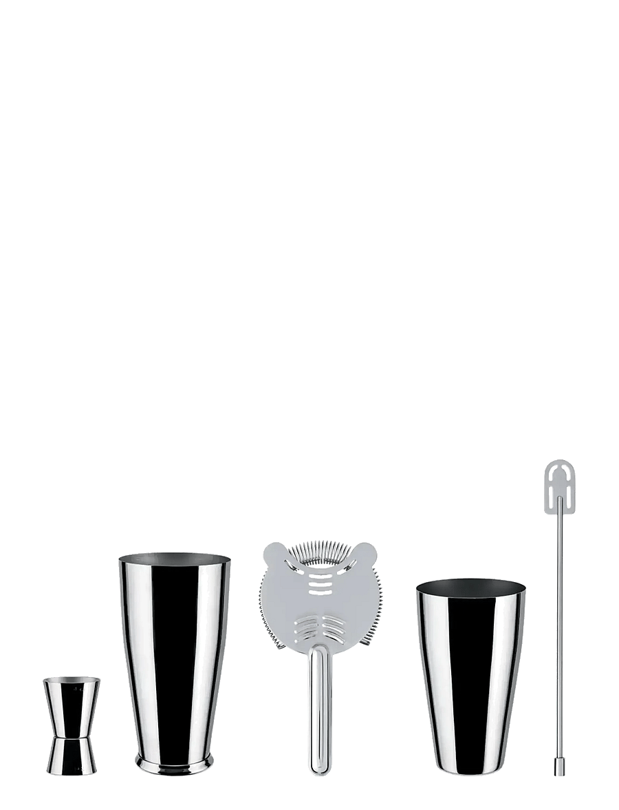 Alessi - Set of shaker, bar strainer, stirrer and cocktail measure in 18/10 stainless steel - shaker & cocktail-utensilien - steel - 1