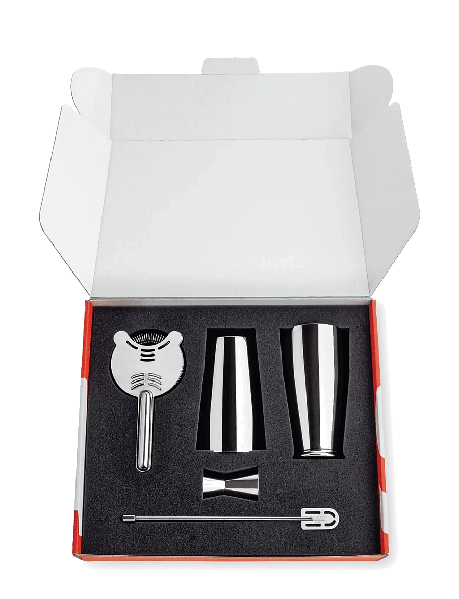 Alessi - Set of shaker, bar strainer, stirrer and cocktail measure in 18/10 stainless steel - shaker & cocktail-utensilien - steel - 2