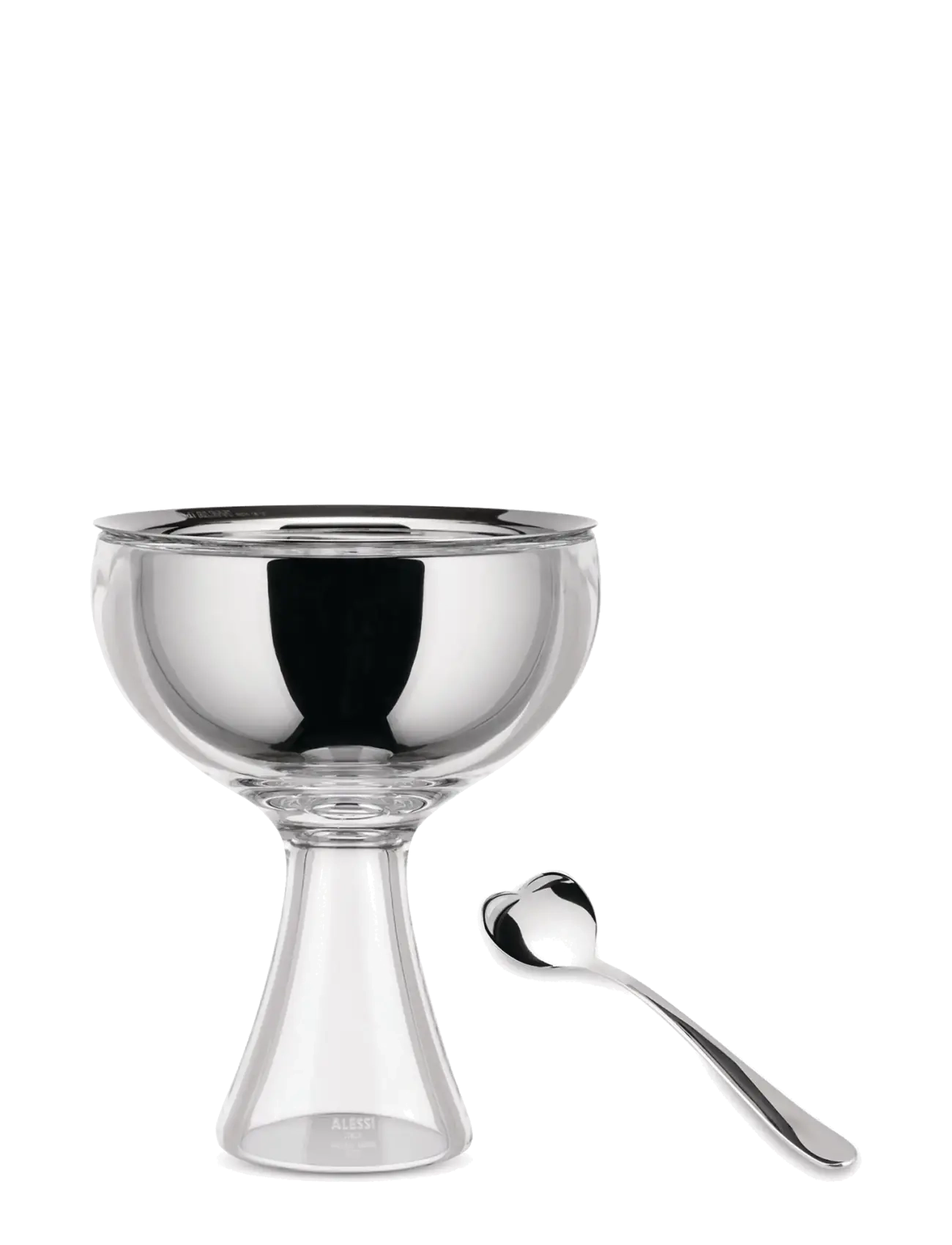 Alessi Set With Glass Bowl In 18/10 Stainless Steel And Thermoplastic, Ice Color And Glass Spoon, Serving Skål, Sølv, Str: H:15CM