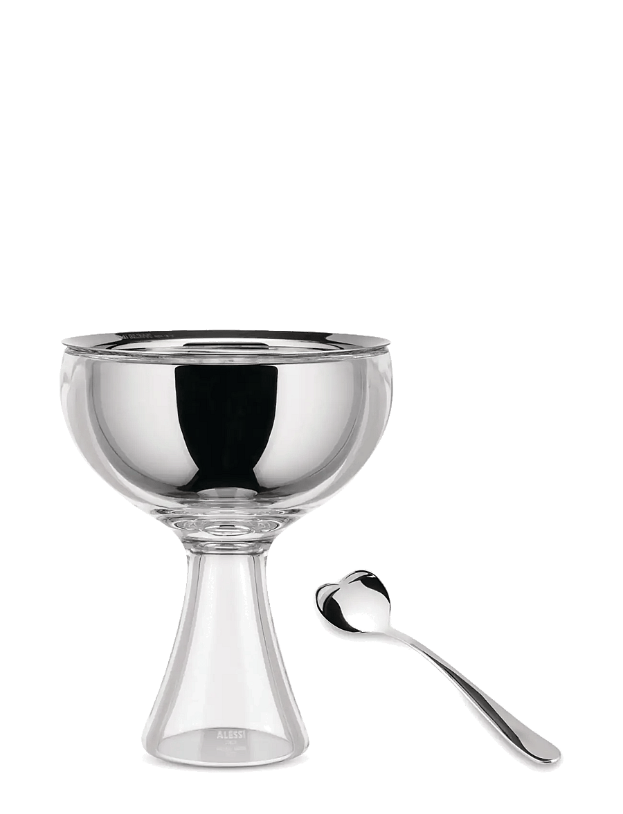 Alessi - Set with glass bowl in 18/10 stainless steel and thermoplastic, ice color and glass spoon - servierschalen - ice - 1
