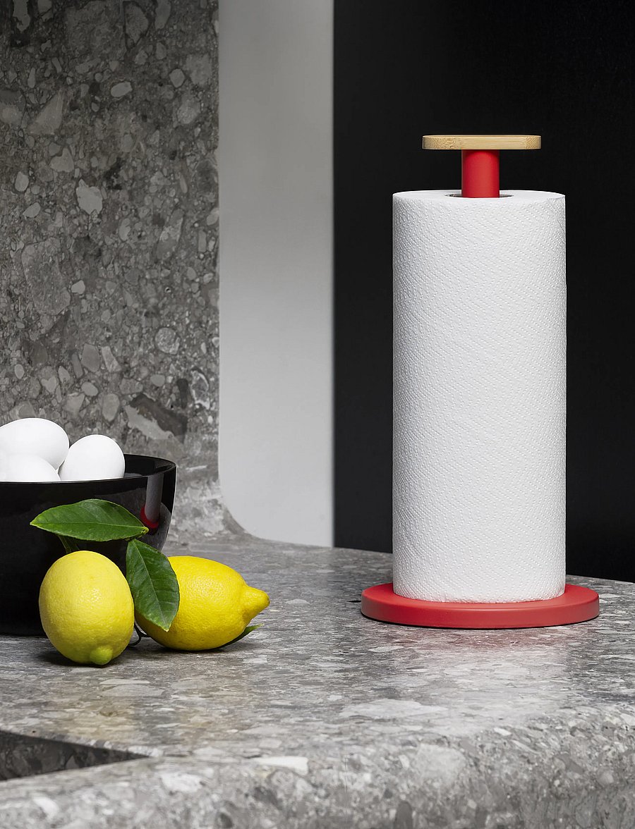 Alessi - Kitchen holder in steel with epoxy coating, red Knob in bamboo wood - küchenrollenhalter - red - 2