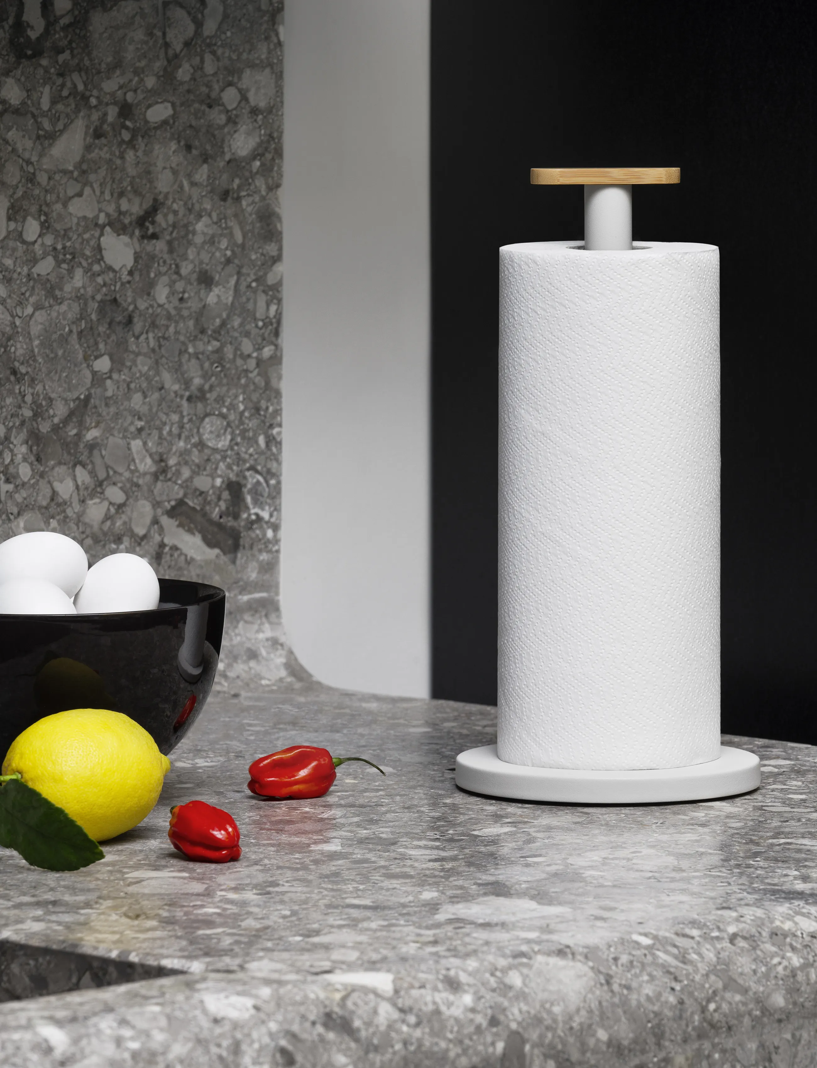 Alessi Kitchen Paper Holder In Steel Colored With Epoxy Coating, Warm Gray Knob In Bamboo Wood, D16 cm, Grey, Køkken > Husholdningspapirholder, Unisex