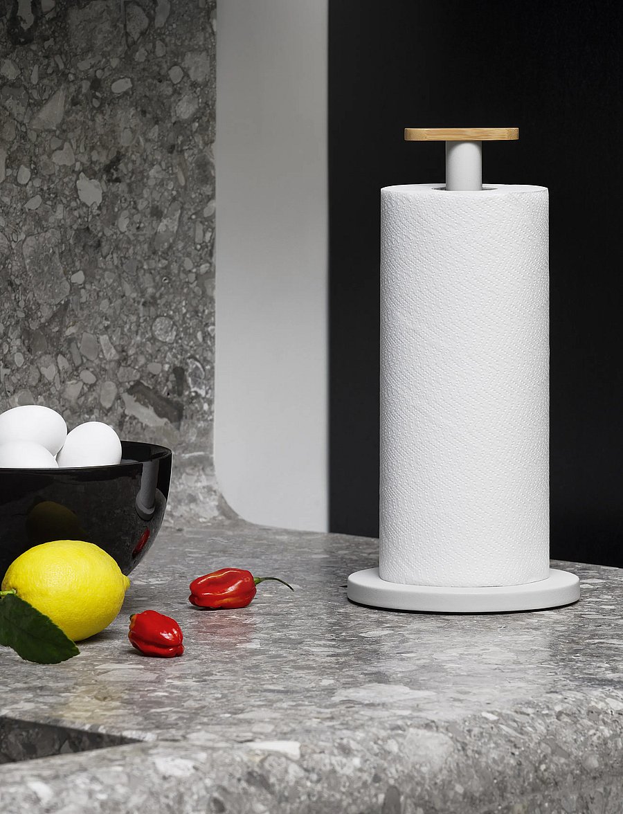 Alessi - Kitchen paper holder in steel colored with epoxy coating, Warm gray Knob in bamboo wood - küchenrollenhalter - warm grey - 0