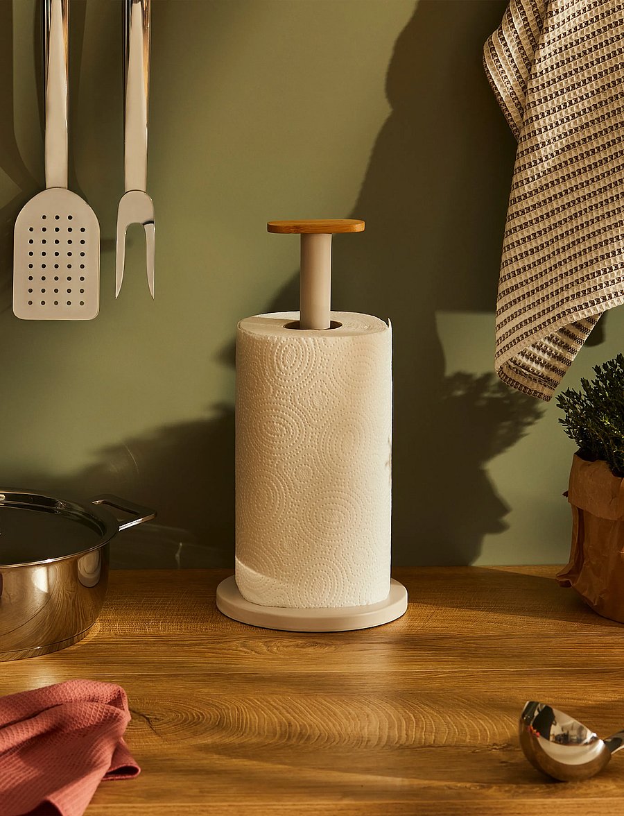 Alessi - Kitchen paper holder in steel colored with epoxy coating, Warm gray Knob in bamboo wood - küchenrollenhalter - warm grey - 3