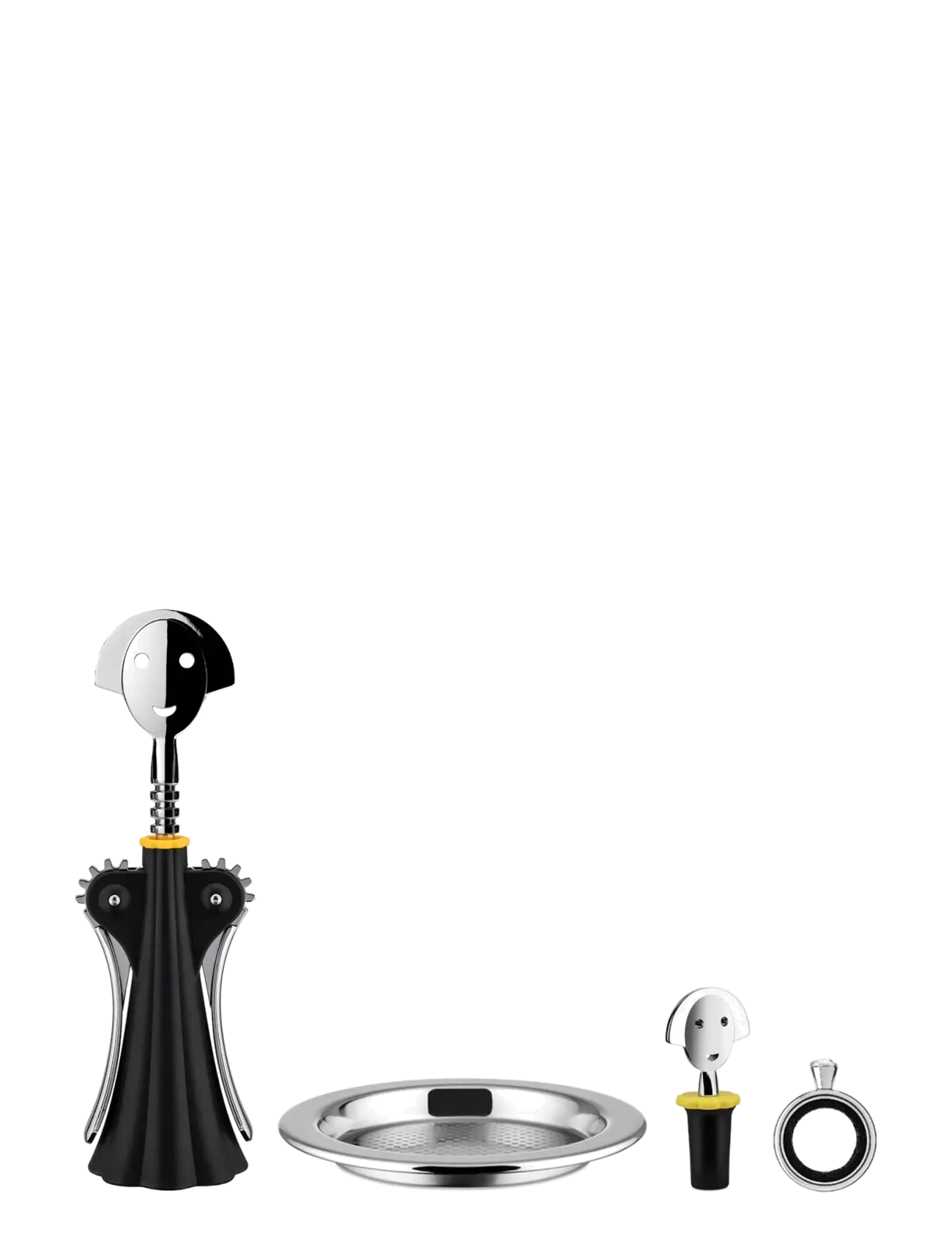 Alessi Set Corkscrew Anna G, The Stopper "Anna Stop 2", The Drip Ring "Noé" And The Bottle Coaster 5009, Flaskeåbner og vinprop, Sølv, Str: ONE SIZE