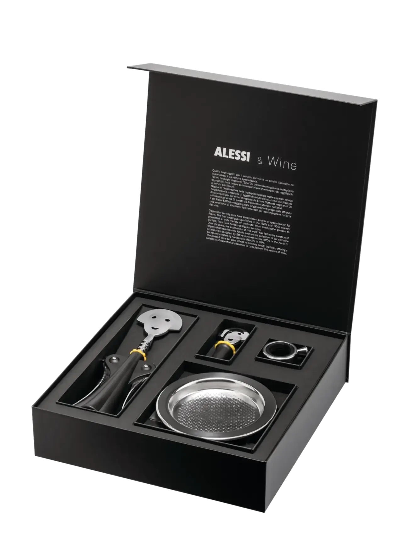 Alessi - Set  corkscrew Anna G, the stopper "Anna Stop 2", the drip ring "Noé"  and the bottle coaster 5009 - steel - 1