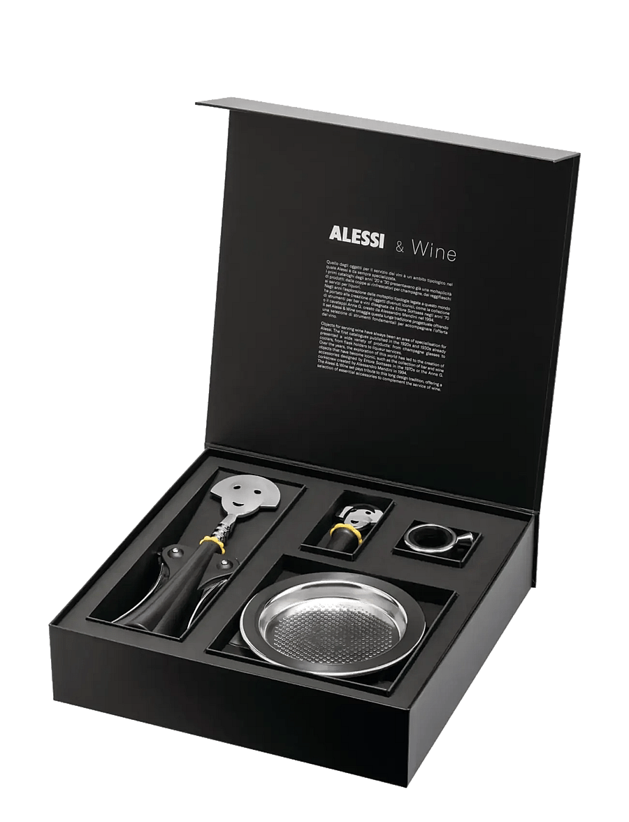Alessi - Set corkscrew Anna G, the stopper "Anna Stop 2", the drip ring "Noé" and the bottle coaster 5009 - flaschenöffner & weinverschlüsse - steel - 1