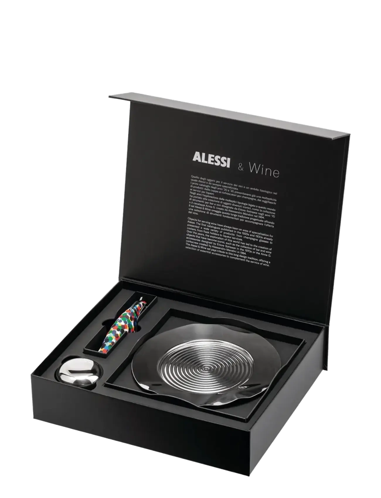 Alessi - Set corkscrew "Parrot”, the "Noè" champagne cork with expanding seal  and "Sitges" bottle coaster - steel - 3