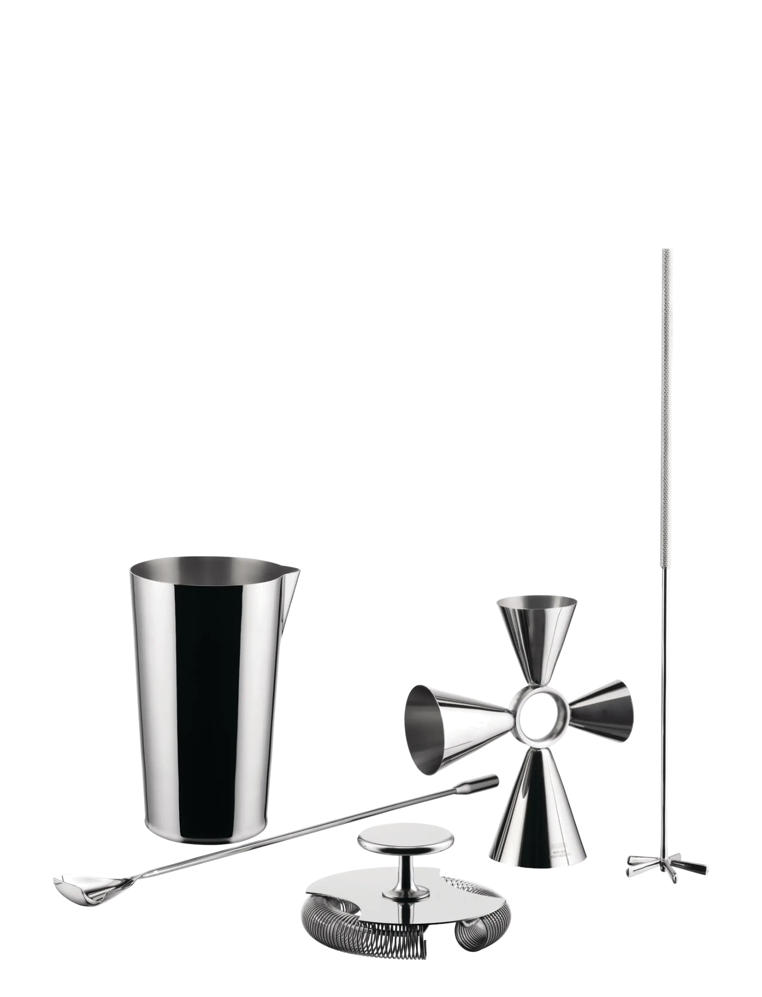 Alessi Set: Mixing Glass, "Quadri Combo Jigger", Double, Mixing Spoon And "Baton Lélé" Stirrer, Shaker og cocktailbestik, Sølv, Str: ONE SIZE