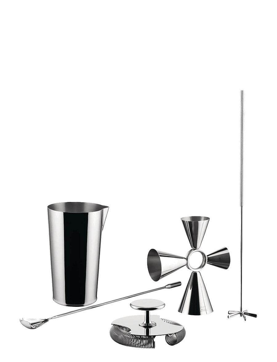 Alessi - Set: mixing glass, "Quadri Combo Jigger", double, mixing spoon and "Baton Lélé" stirrer - shaker & cocktail-utensilien - steel - 1