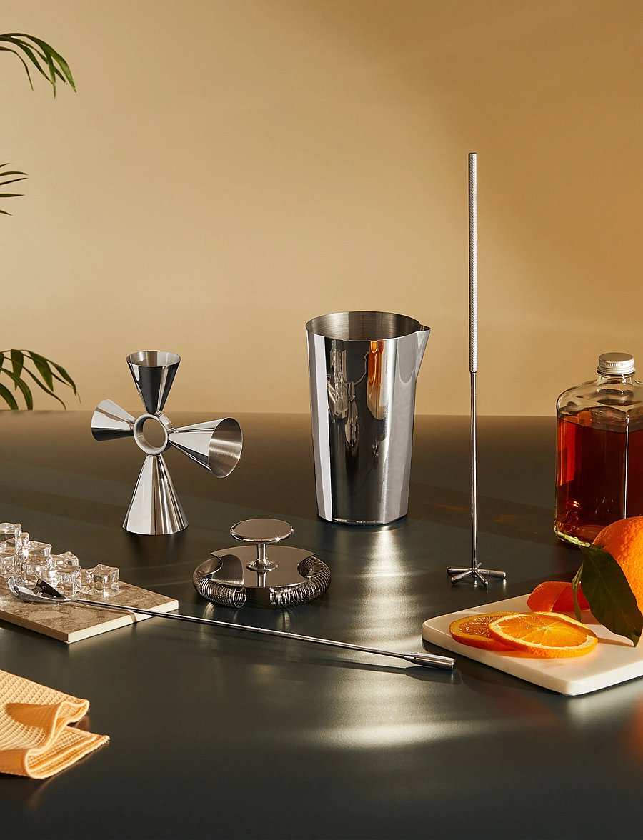 Alessi - Set: mixing glass, "Quadri Combo Jigger", double, mixing spoon and "Baton Lélé" stirrer - shaker & cocktail-utensilien - steel - 4