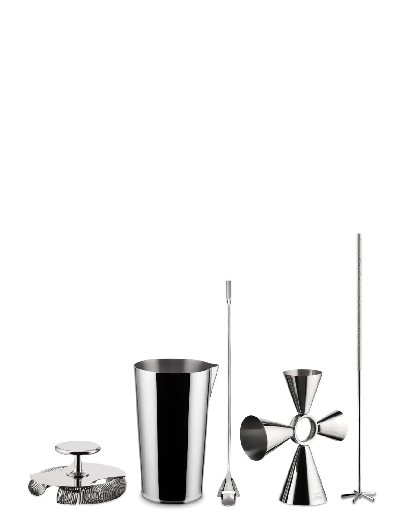 Alessi - Set: mixing glass, "Quadri Combo Jigger", double, mixing spoon and "Baton Lélé" stirrer - steel - 3